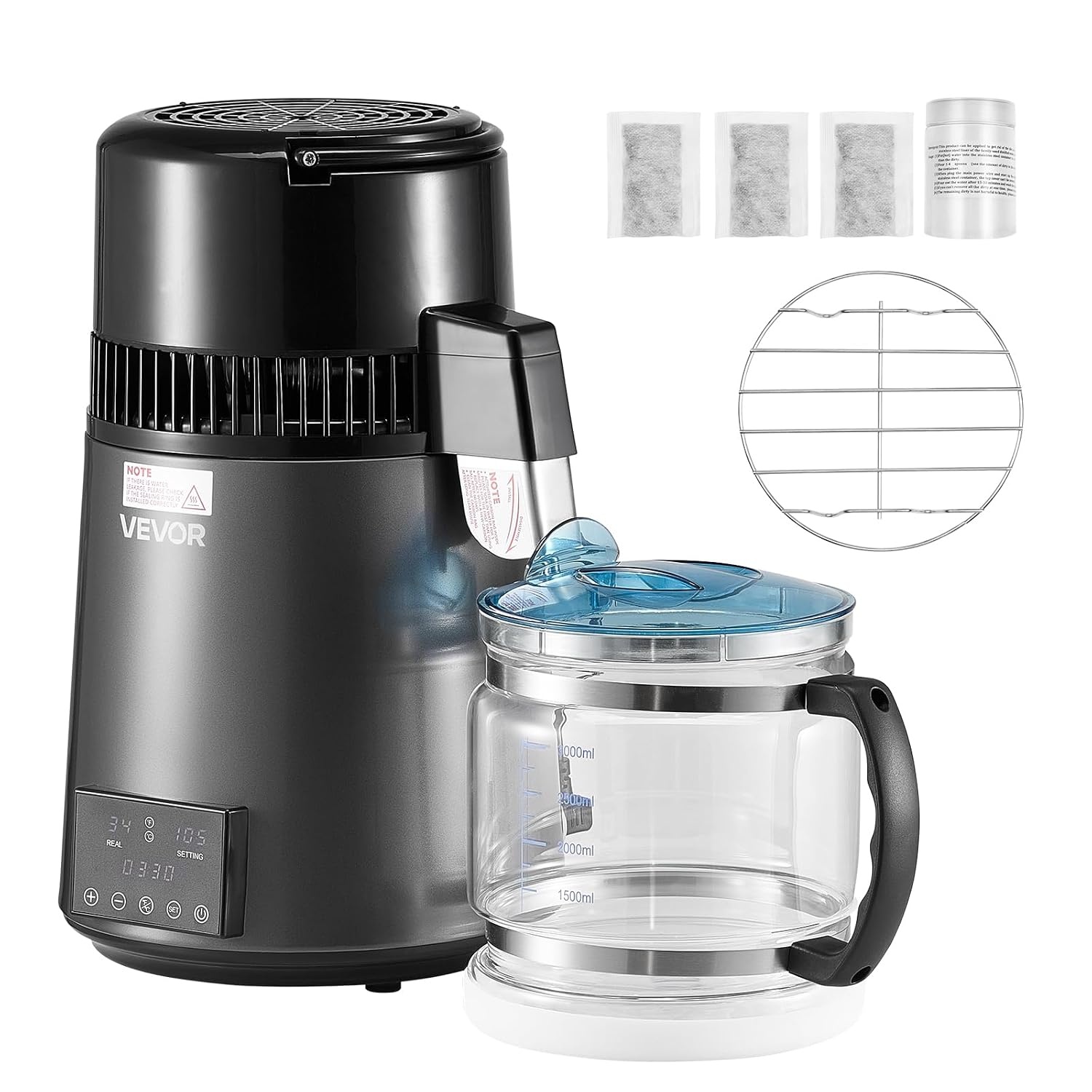 image:imageVEVOR 11Gal Water Distiller 04GalH Distilled Water Maker Machine 1750W 099H Timing Dual Temp Display 304 Stainless Steel Countertop Distiller Glass Carafe Cleaning Powder 3 Carbon Packs SilverGrey