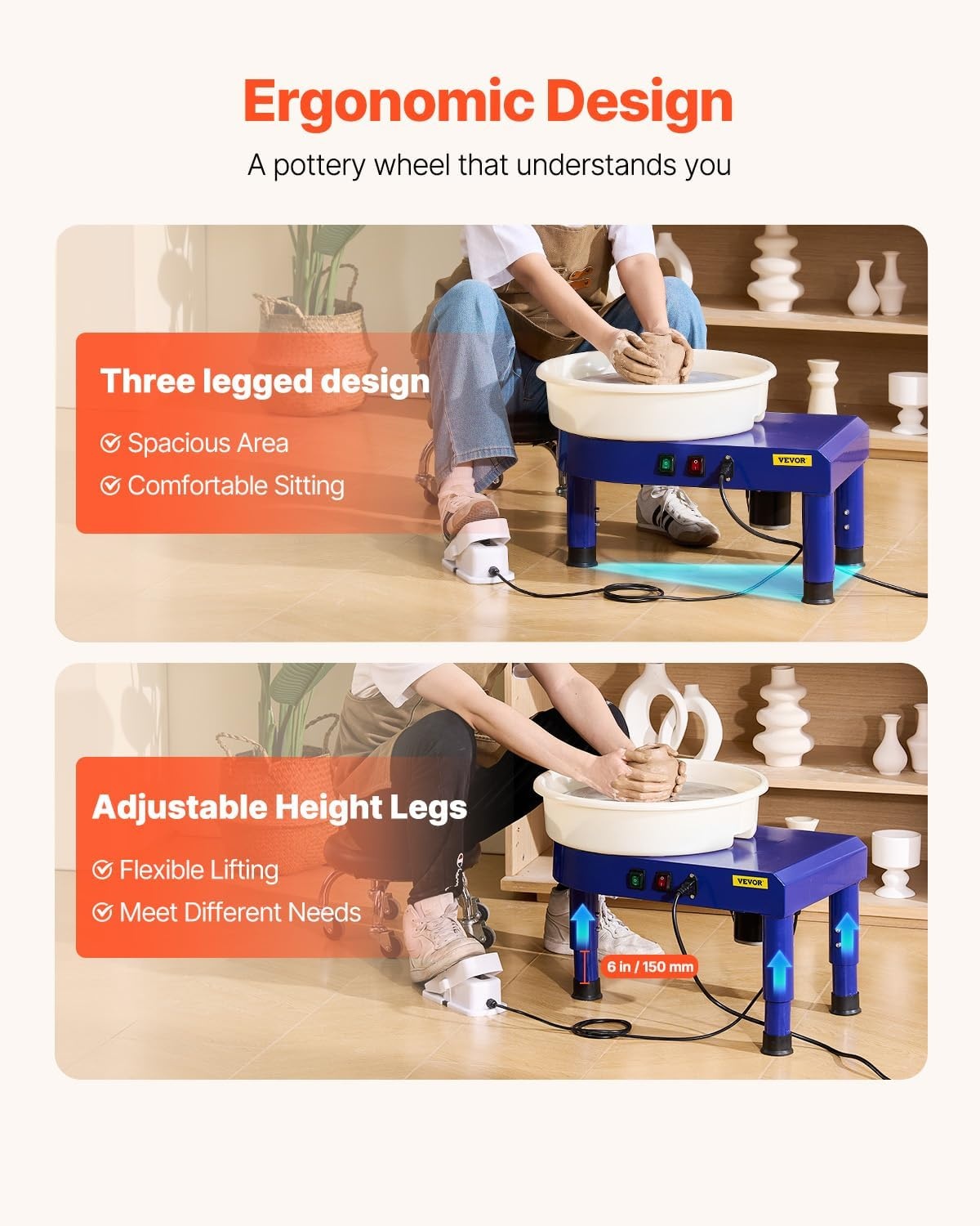 image:imageVEVOR 14in Pottery Wheel for Adults Beginners 06in HeightAdjustable 450W Pottery Forming Machine 60300RPM Electric Ceramic Wheel BlueBlue