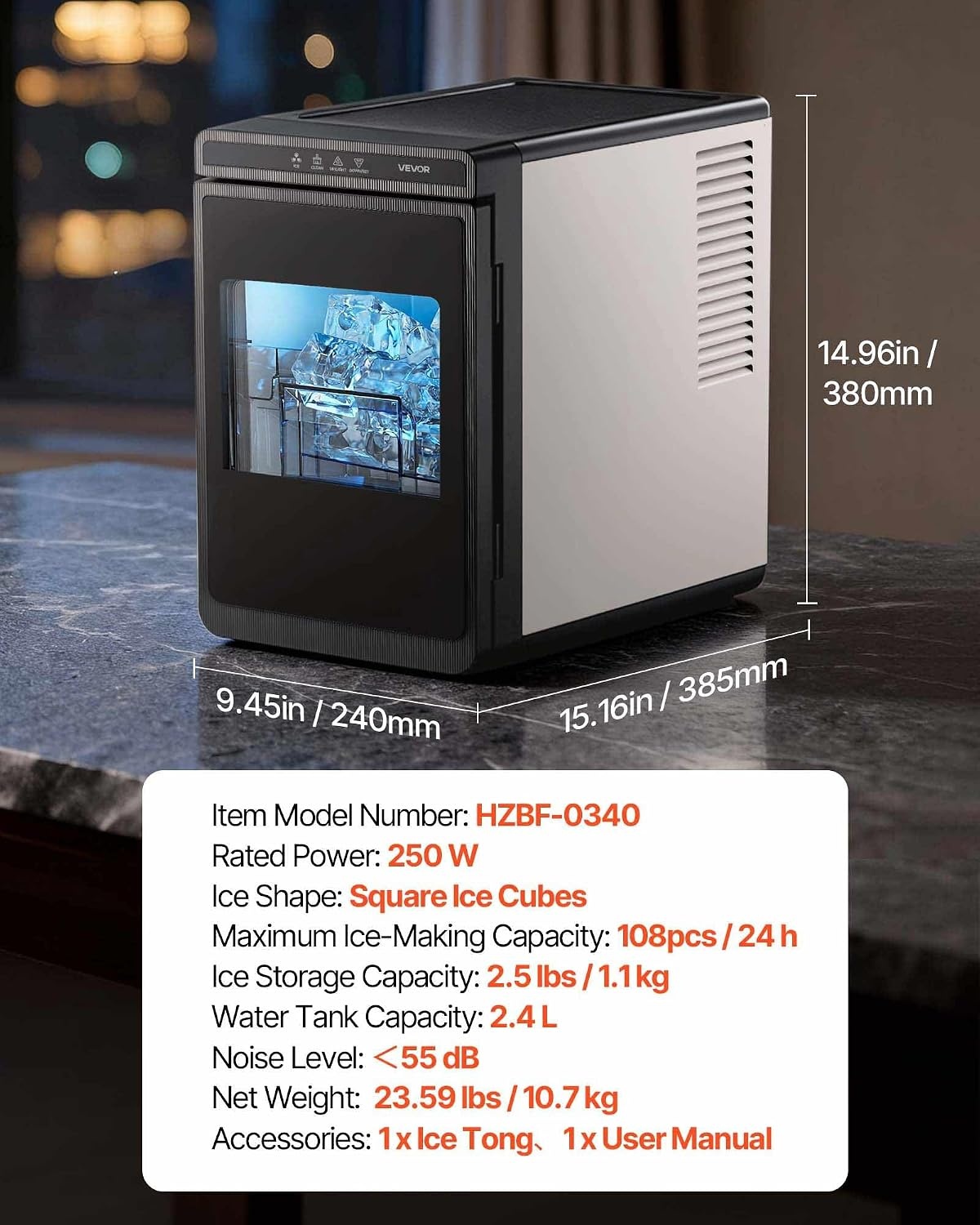 image:imageVEVOR 16 Clear Ice Cube Maker 3 Square Ice Ready in 2535 Mins 108 PcsDay 24H Timer Ice Maker Countertop for Cocktails Whiskey amp Bourbon22lbs24H
