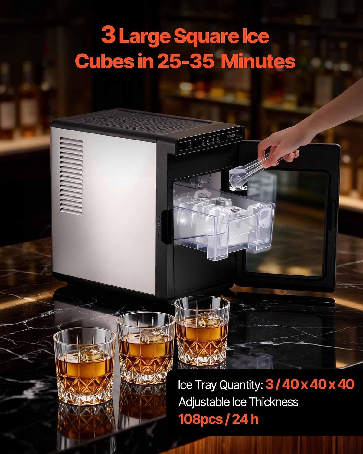image:imageVEVOR 16 Clear Ice Cube Maker 3 Square Ice Ready in 2535 Mins 108 PcsDay 24H Timer Ice Maker Countertop for Cocktails Whiskey amp Bourbon22lbs24H