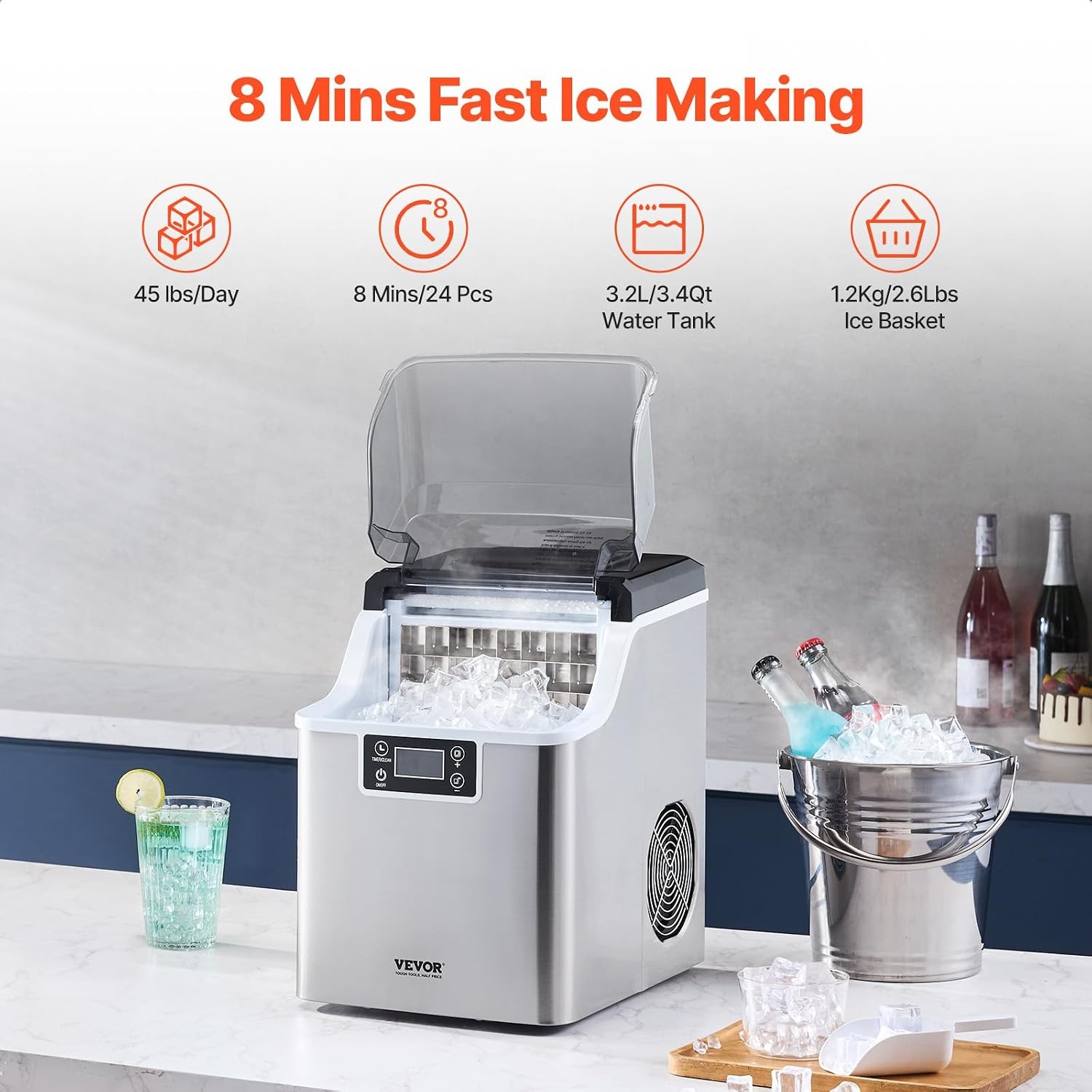image:imageVEVOR 16 Clear Ice Cube Maker 3 Square Ice Ready in 2535 Mins 108 PcsDay 24H Timer Ice Maker Countertop for Cocktails Whiskey amp Bourbon45lbs24H