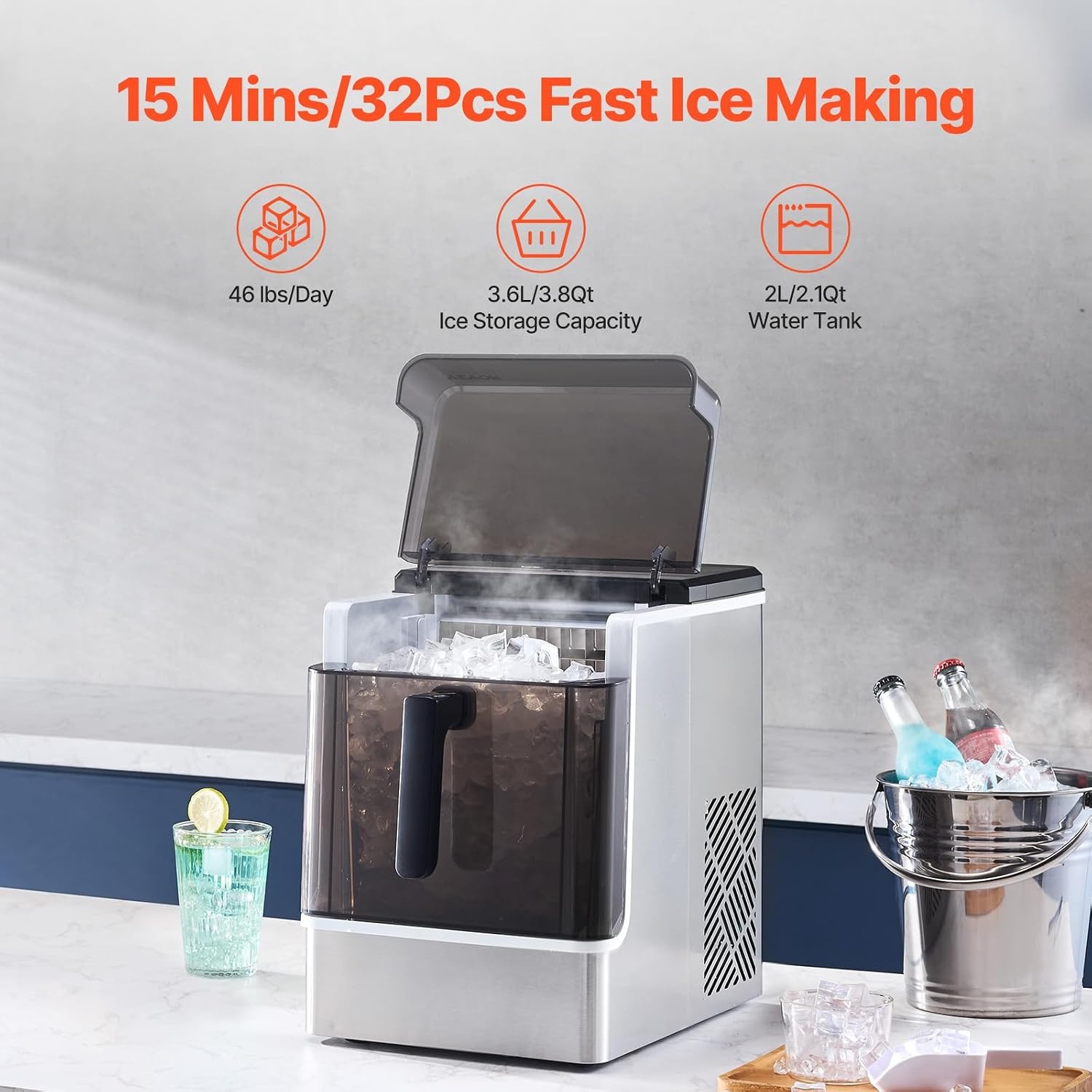 image:imageVEVOR 16 Clear Ice Cube Maker 3 Square Ice Ready in 2535 Mins 108 PcsDay 24H Timer Ice Maker Countertop for Cocktails Whiskey amp Bourbon46lbs24H