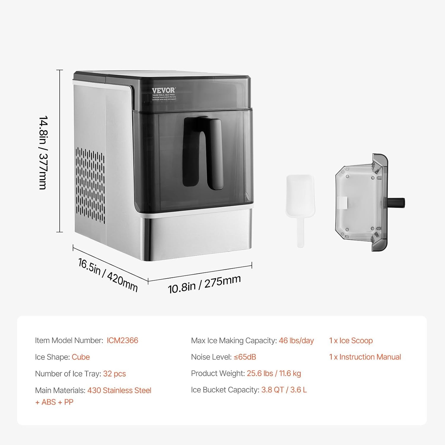 image:imageVEVOR 16 Clear Ice Cube Maker 3 Square Ice Ready in 2535 Mins 108 PcsDay 24H Timer Ice Maker Countertop for Cocktails Whiskey amp Bourbon46lbs24H