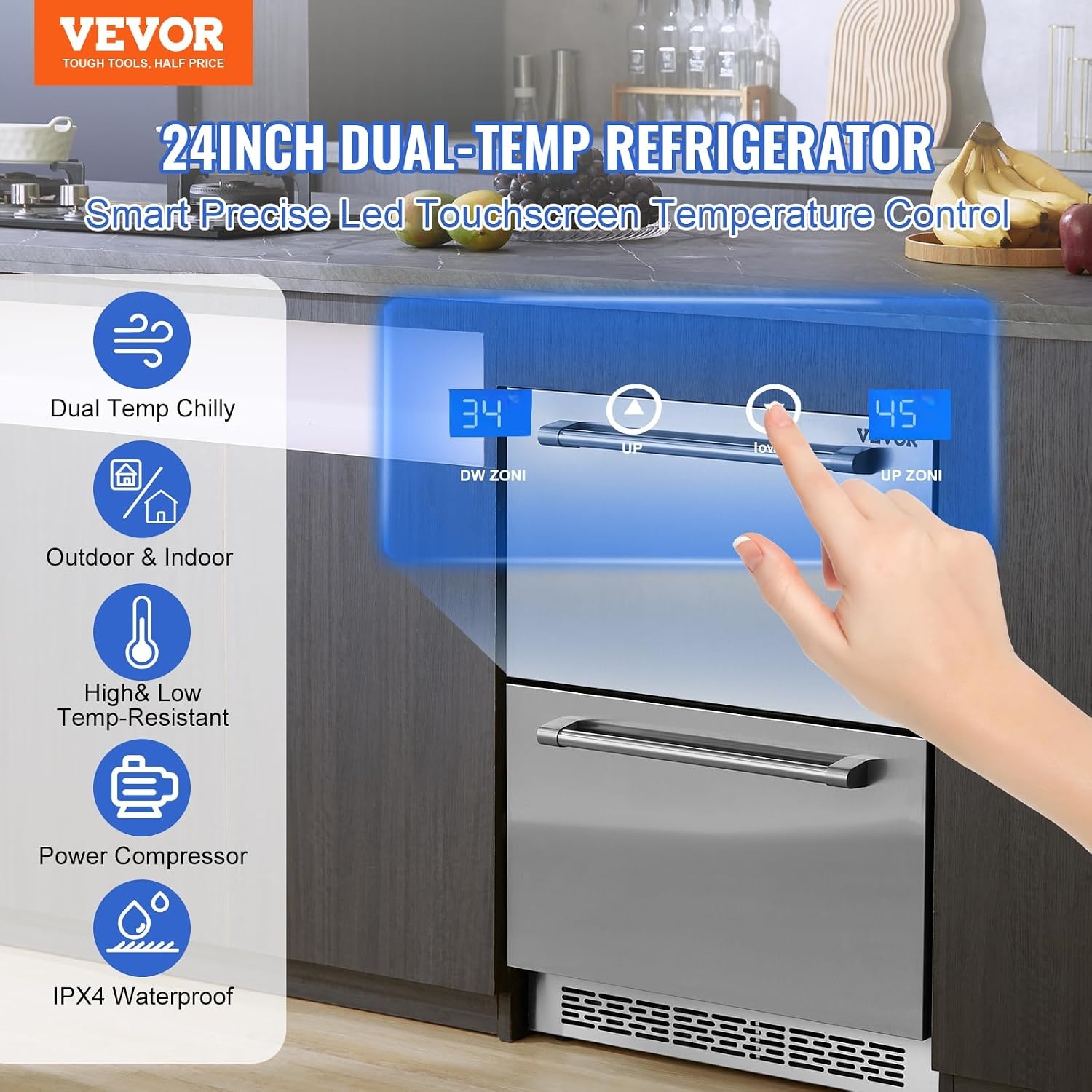 image:imageVEVOR 24 Undercounter Refrigerator 2 Drawer Wine Refrigerator with Different Temperature 487 Cuft Capacity Waterproof Indoor and Outdoor Under Counter Drawer Fridge for Home and Commercial Use