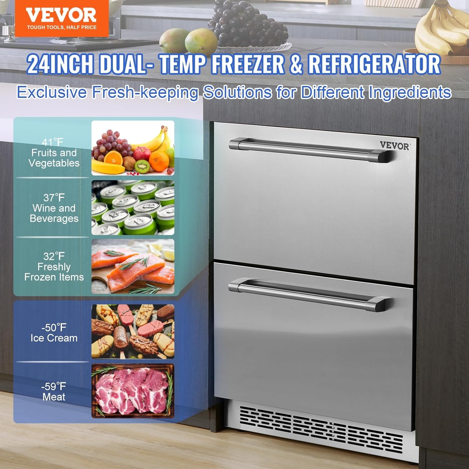 image:imageVEVOR 24Inch Outdoor Beverage Refrigerator 150 QT Builtin Drink Fridge 056 kWhDay EnergyEfficient Cooler with 304 Stainless Steel Door Holds 180 Cans for Outdoor Kitchen Home Bar PatioSilver