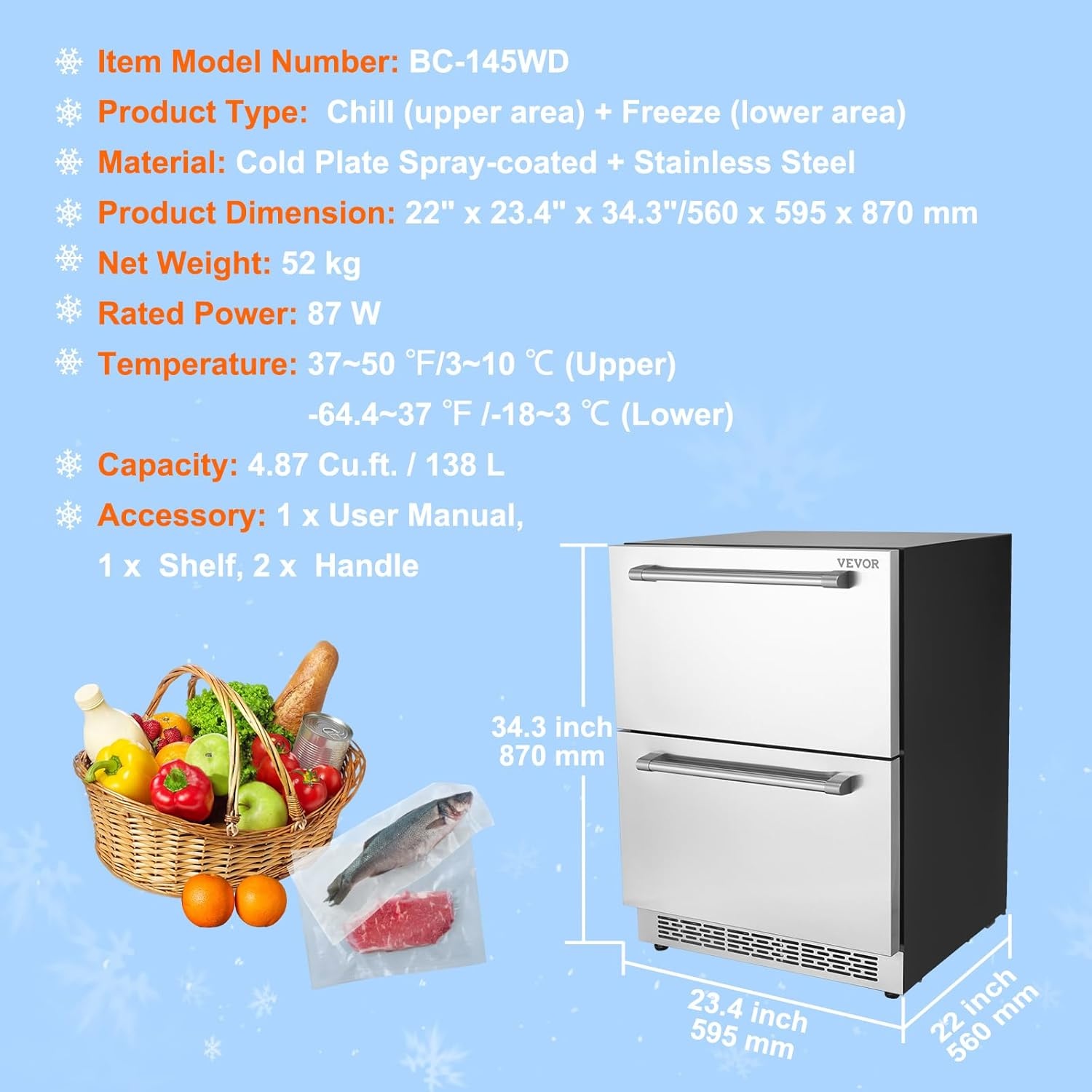 image:imageVEVOR 24Inch Outdoor Beverage Refrigerator 150 QT Builtin Drink Fridge 056 kWhDay EnergyEfficient Cooler with 304 Stainless Steel Door Holds 180 Cans for Outdoor Kitchen Home Bar PatioSilver