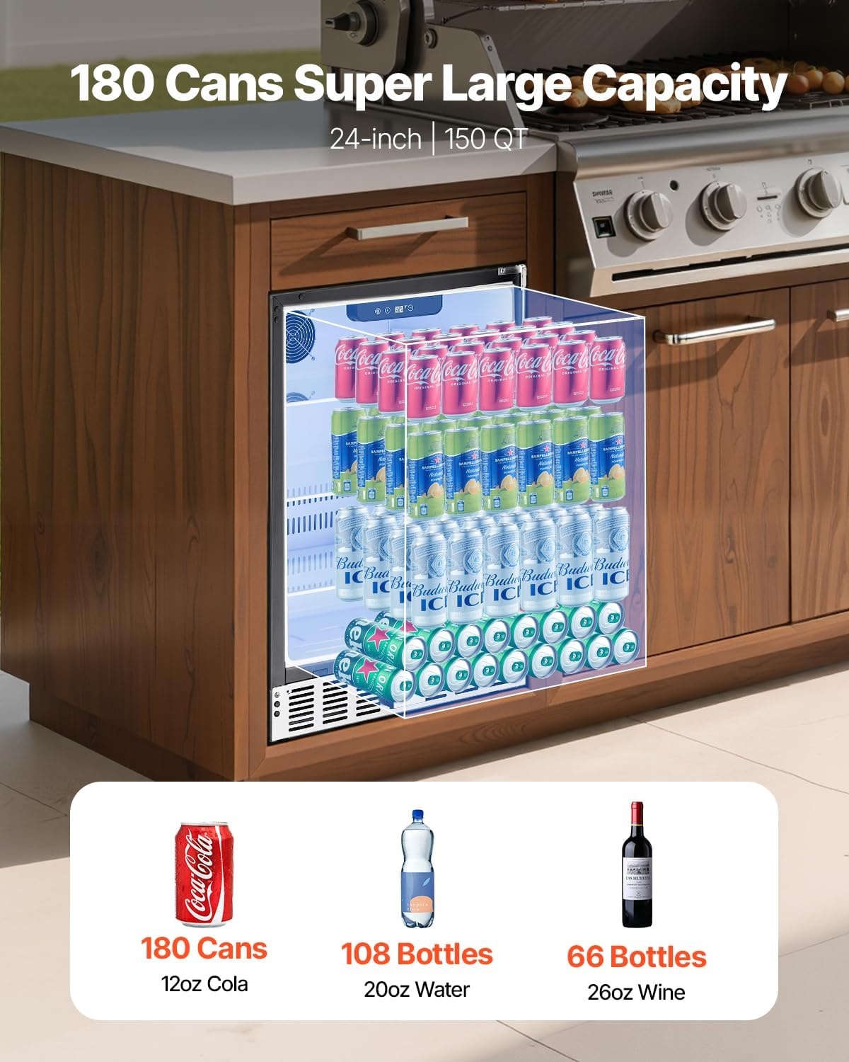 image:imageVEVOR 24Inch Outdoor Beverage Refrigerator 150 QT Builtin Drink Fridge 056 kWhDay EnergyEfficient Cooler with 304 Stainless Steel Door Holds 180 Cans for Outdoor Kitchen Home Bar PatioBlack