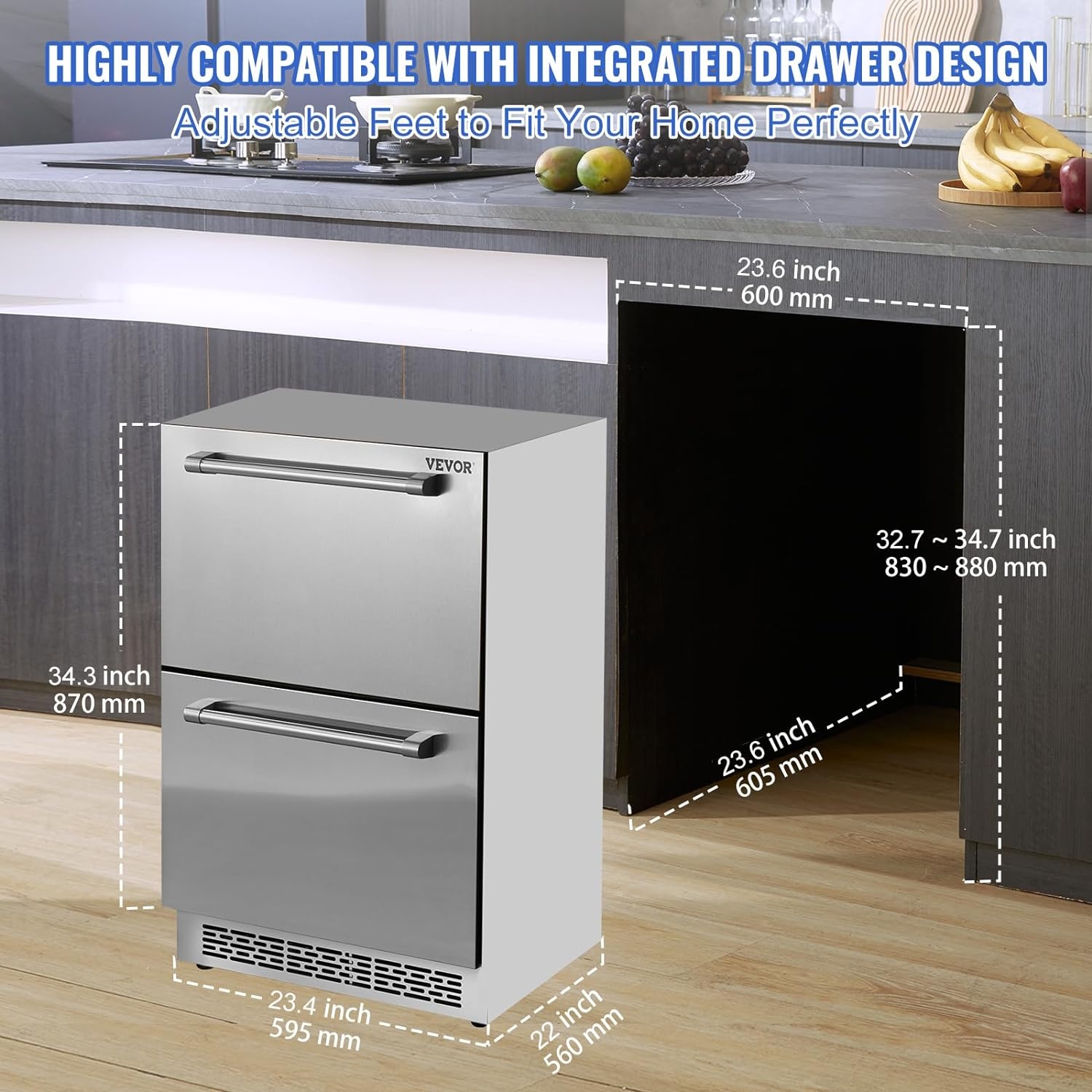 image:imageVEVOR 24Inch Outdoor Beverage Refrigerator 150 QT Builtin Drink Fridge 056 kWhDay EnergyEfficient Cooler with 304 Stainless Steel Door Holds 180 Cans for Outdoor Kitchen Home Bar PatioSilver