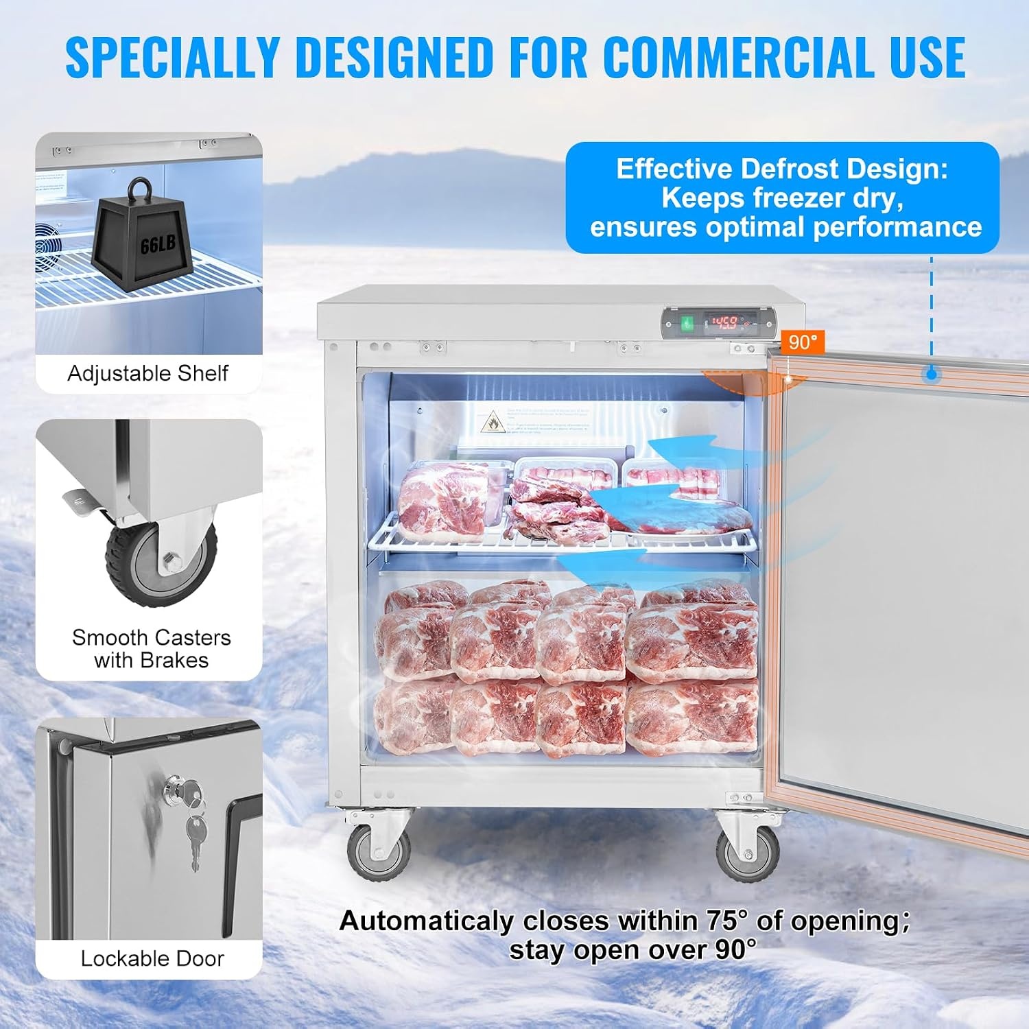 image:imageVEVOR 28 W Commercial Freezer Worktop 74 Cu Ft Undercounter Freezers withCasters lt08gtDefrost Frozen Prep Table Single Door Stainless Steel Food Frozen Prep Station for Restaurant Diner