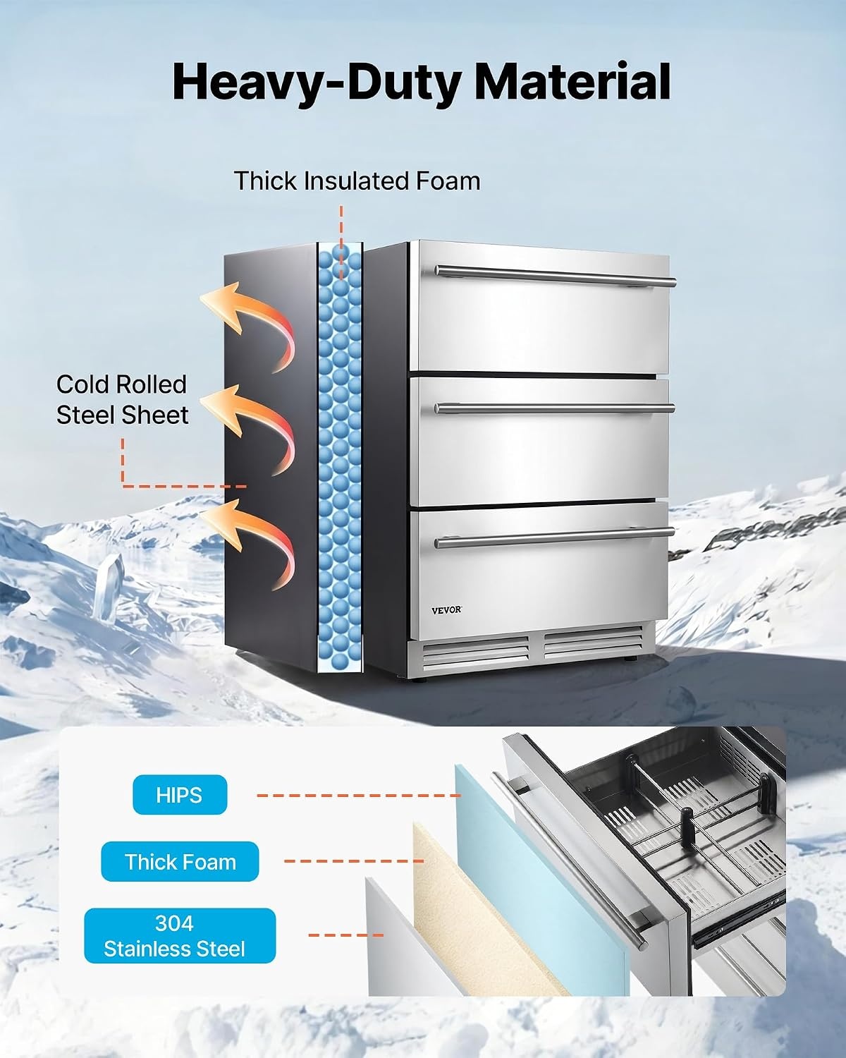 image:imageVEVOR 3Drawer Refrigerator 24 in Undercounter Beverage Cooler Large Capacity Drink Fridge 3 Separate Storage Zones 304 Stainless Steel Drawers Fast Cooling for Kitchen Game Room amp Home Bar