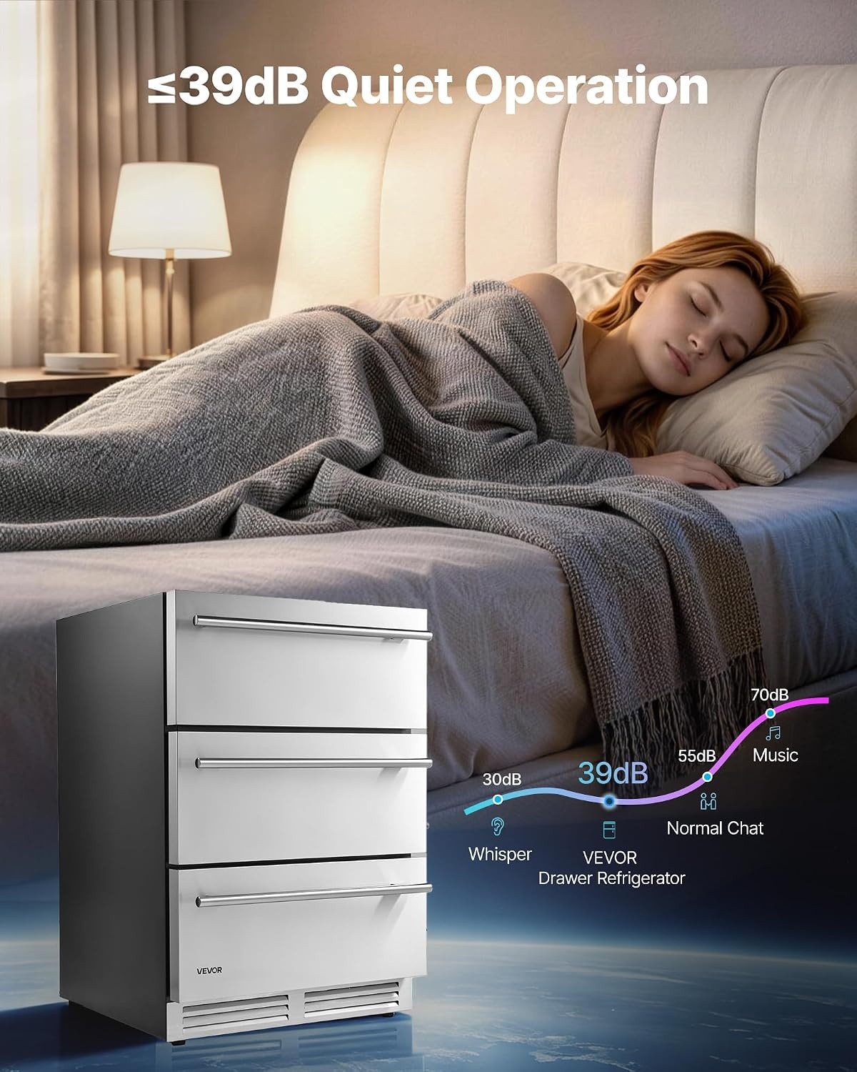 image:imageVEVOR 3Drawer Refrigerator 24 in Undercounter Beverage Cooler Large Capacity Drink Fridge 3 Separate Storage Zones 304 Stainless Steel Drawers Fast Cooling for Kitchen Game Room amp Home Bar