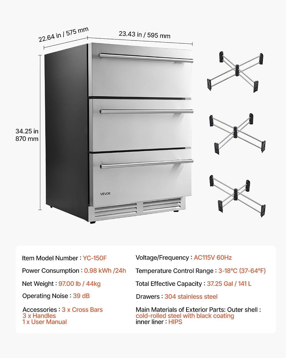 image:imageVEVOR 3Drawer Refrigerator 24 in Undercounter Beverage Cooler Large Capacity Drink Fridge 3 Separate Storage Zones 304 Stainless Steel Drawers Fast Cooling for Kitchen Game Room amp Home Bar
