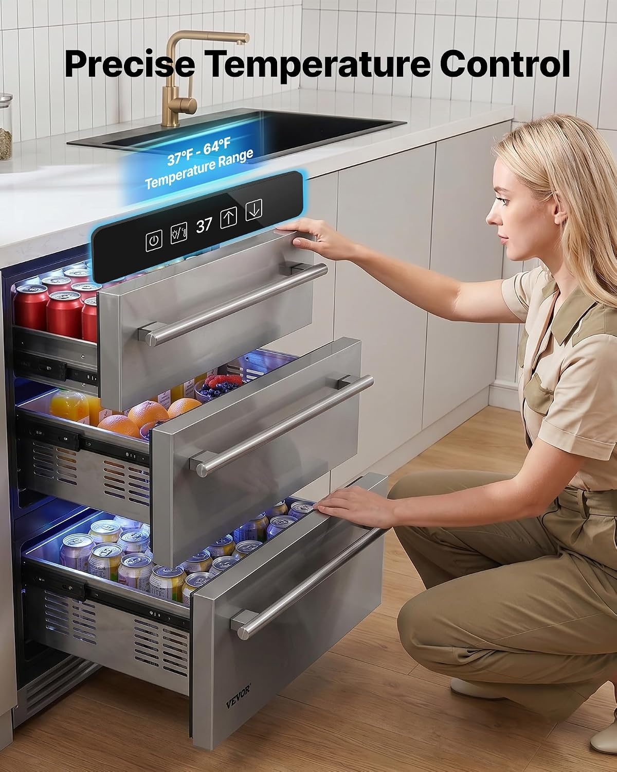 image:imageVEVOR 3Drawer Refrigerator 24 in Undercounter Beverage Cooler Large Capacity Drink Fridge 3 Separate Storage Zones 304 Stainless Steel Drawers Fast Cooling for Kitchen Game Room amp Home Bar