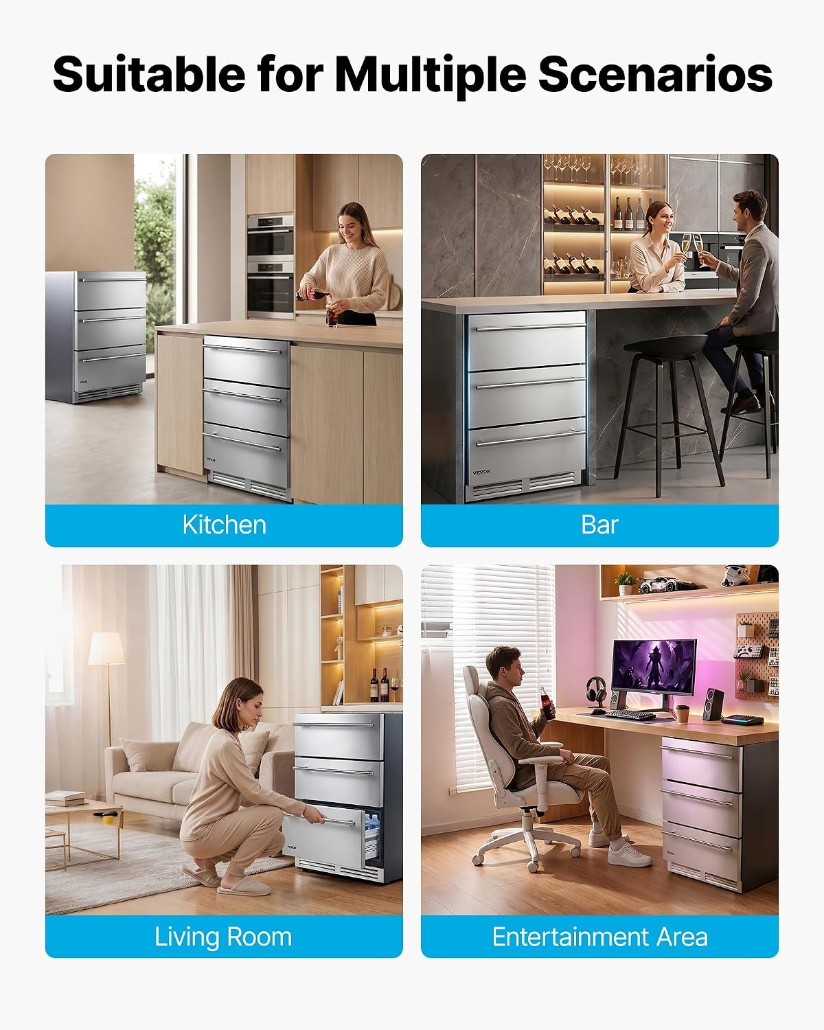 image:imageVEVOR 3Drawer Refrigerator 24 in Undercounter Beverage Cooler Large Capacity Drink Fridge 3 Separate Storage Zones 304 Stainless Steel Drawers Fast Cooling for Kitchen Game Room amp Home Bar