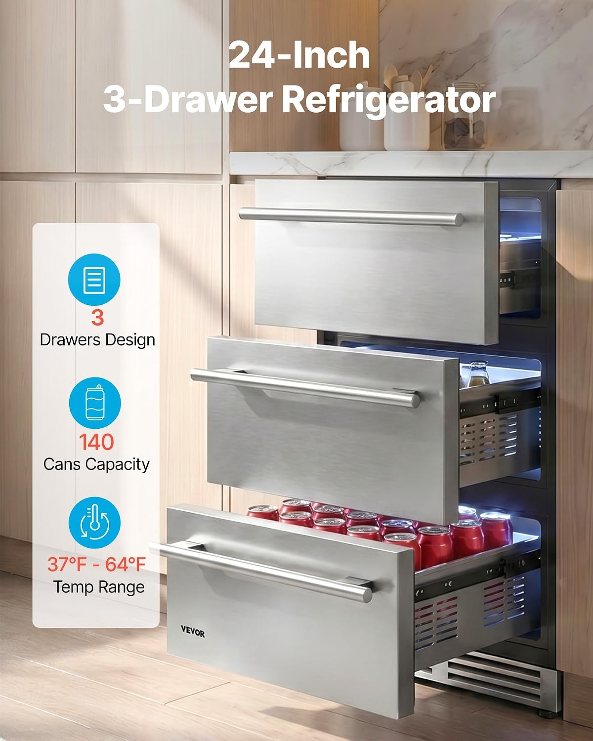 image:imageVEVOR 3Drawer Refrigerator 24 in Undercounter Beverage Cooler Large Capacity Drink Fridge 3 Separate Storage Zones 304 Stainless Steel Drawers Fast Cooling for Kitchen Game Room amp Home Bar