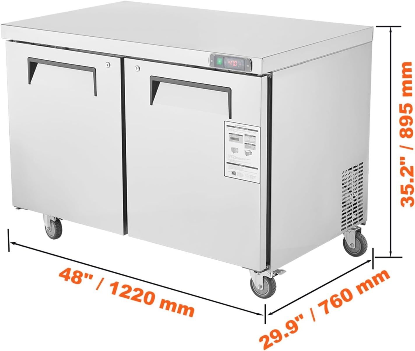 image:imageVEVOR 48 W Commercial Freezer Worktop 129 Cu Ft Undercounter Freezers withCasters lt08gtDefrost Frozen Prep Table 2 Doors Stainless Steel Food Frozen Prep Station for Restaurant Diner Bar