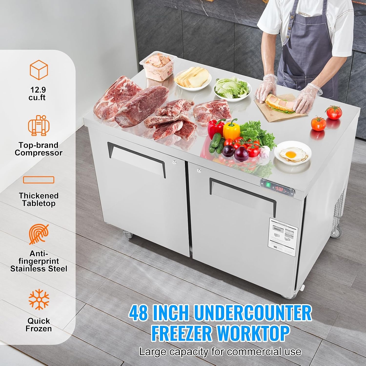 image:imageVEVOR 48 W Commercial Freezer Worktop 129 Cu Ft Undercounter Freezers withCasters lt08gtDefrost Frozen Prep Table 2 Doors Stainless Steel Food Frozen Prep Station for Restaurant Diner Bar