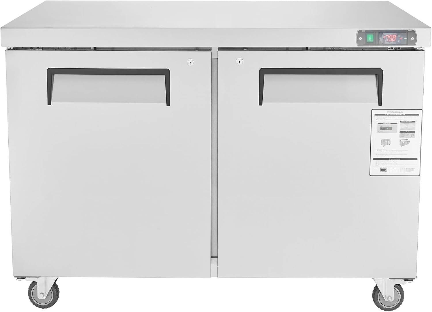 image:imageVEVOR 48 W Commercial Freezer Worktop 129 Cu Ft Undercounter Freezers withCasters lt08gtDefrost Frozen Prep Table 2 Doors Stainless Steel Food Frozen Prep Station for Restaurant Diner Bar