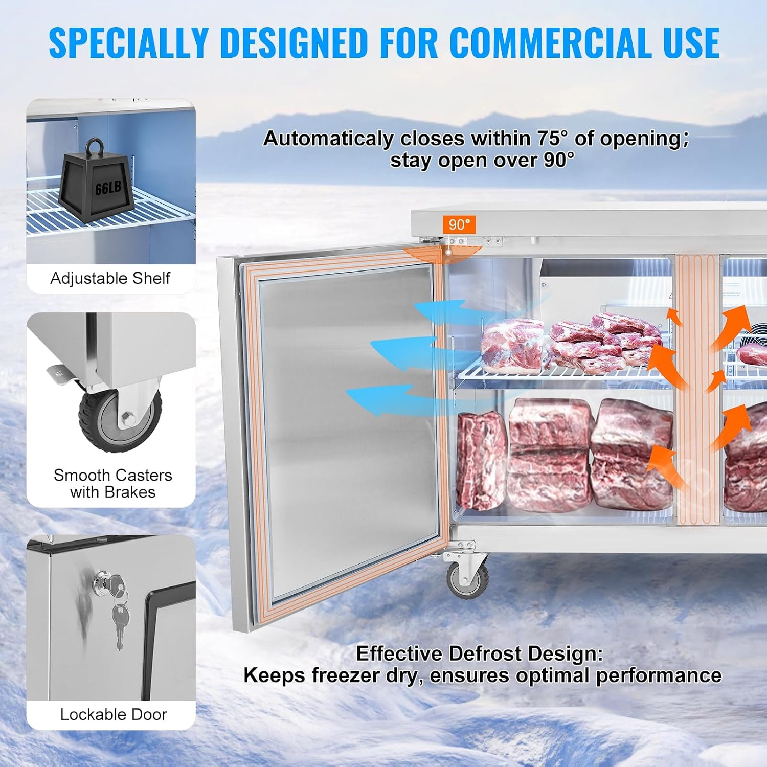 image:imageVEVOR 48 W Commercial Freezer Worktop 129 Cu Ft Undercounter Freezers withCasters lt08gtDefrost Frozen Prep Table 2 Doors Stainless Steel Food Frozen Prep Station for Restaurant Diner Bar