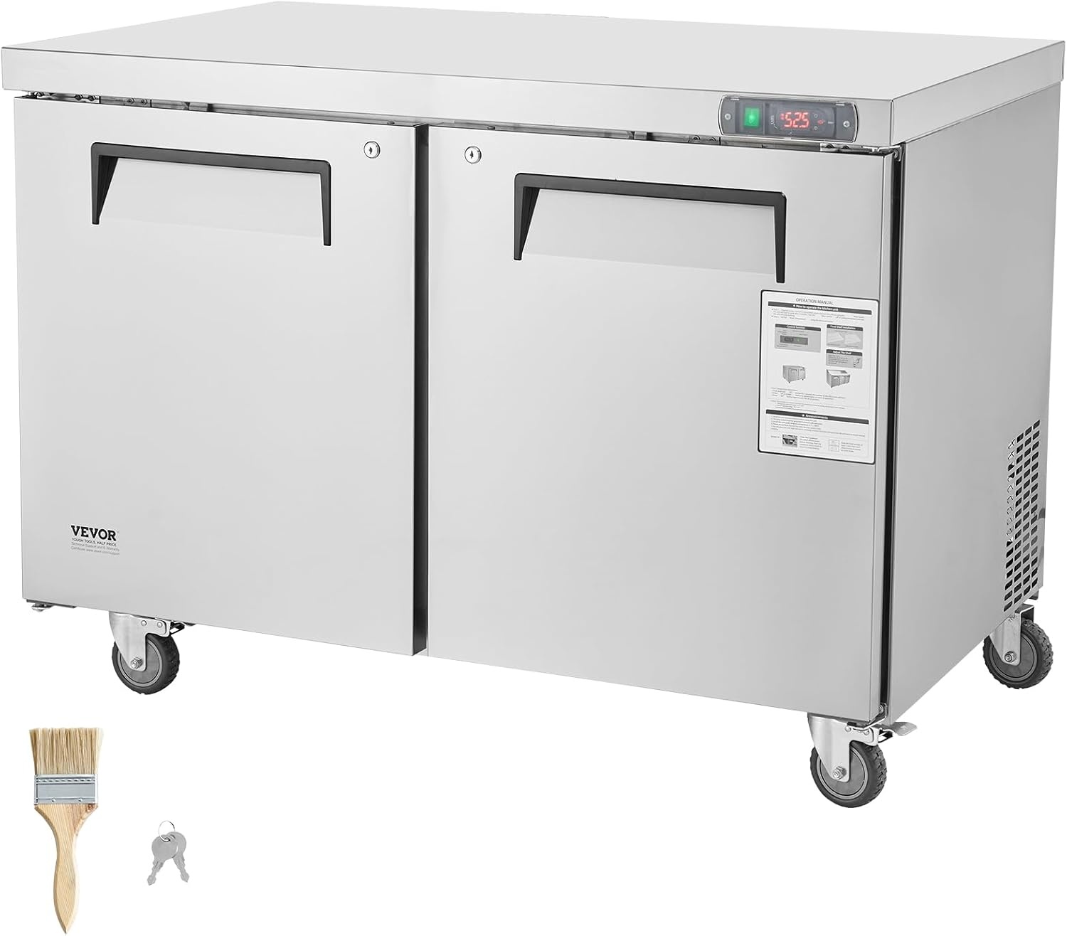 image:imageVEVOR 48 W Commercial Freezer Worktop 129 Cu Ft Undercounter Freezers withCasters lt08gtDefrost Frozen Prep Table 2 Doors Stainless Steel Food Frozen Prep Station for Restaurant Diner Bar