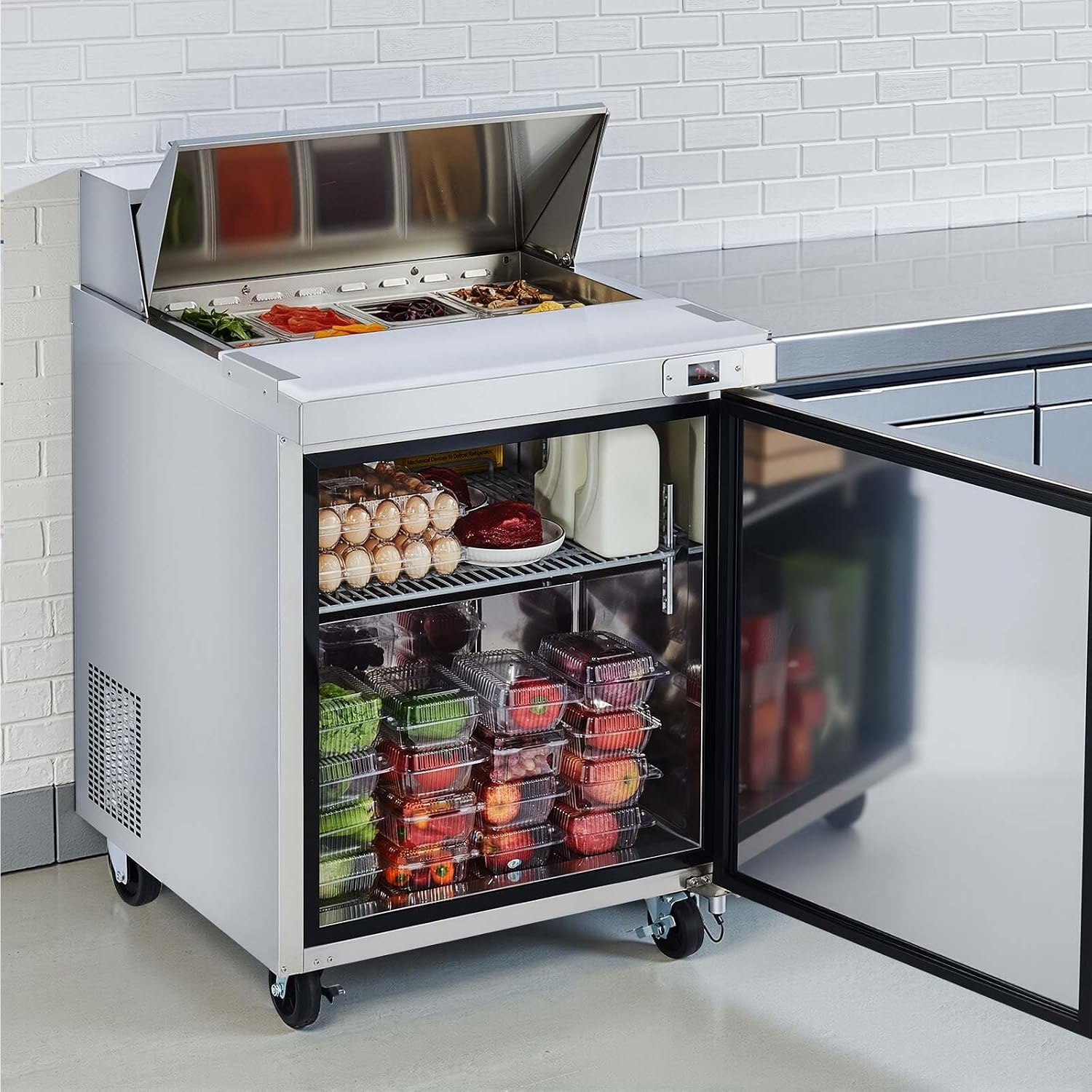 image:imageVEVOR 48W Commercial Refrigerator 125 Cu Ft Sandwich Prep Refrigerated Table Mega Top Food Prep Fridge with 18 Pans and Cutting Board Stainless Steel Salad Prep Cooler for Restaurant Food Truck28W with 8 Pans