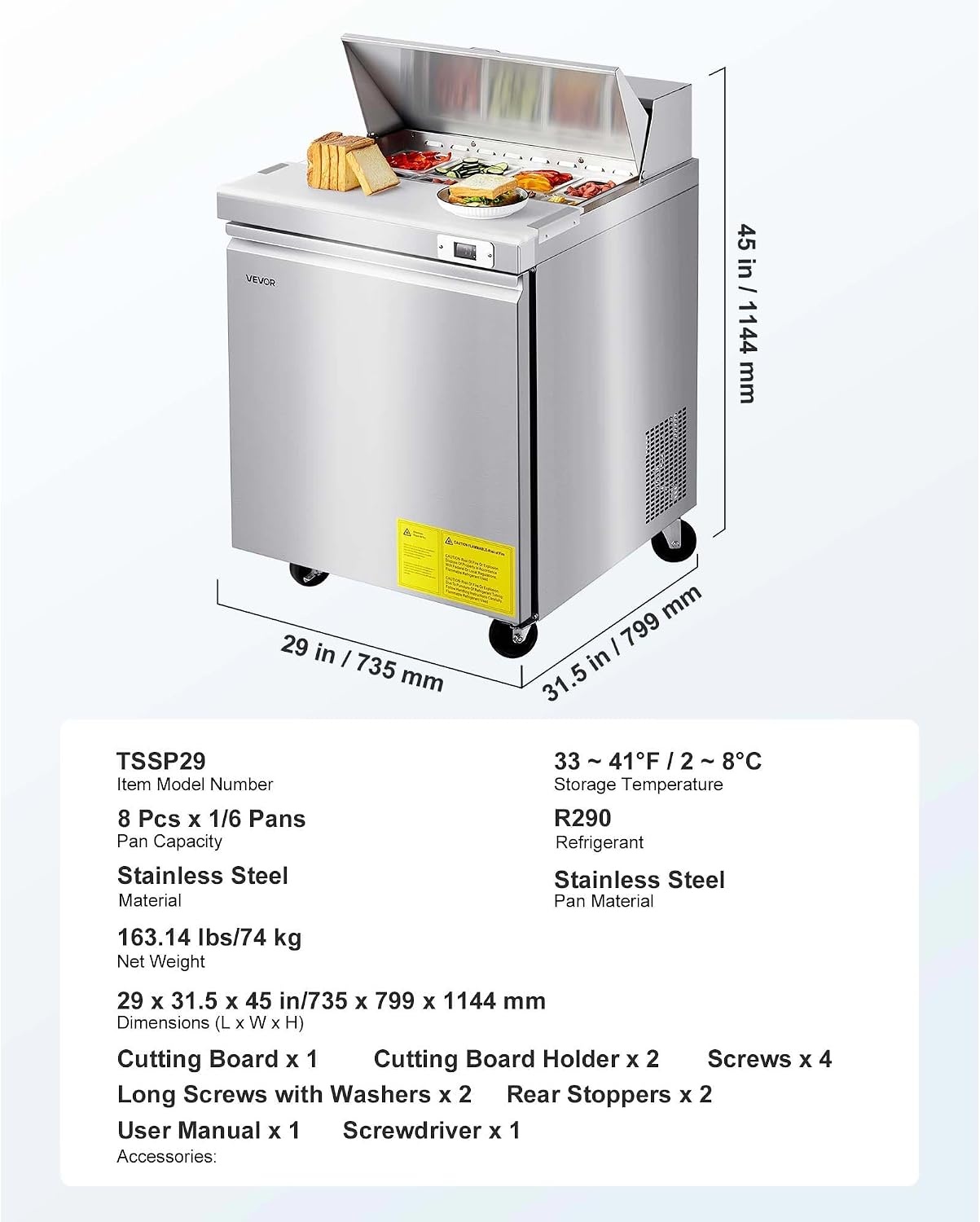 image:imageVEVOR 48W Commercial Refrigerator 125 Cu Ft Sandwich Prep Refrigerated Table Mega Top Food Prep Fridge with 18 Pans and Cutting Board Stainless Steel Salad Prep Cooler for Restaurant Food Truck28W with 8 Pans