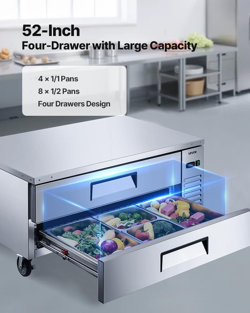 image:imageVEVOR 48W Commercial Refrigerator 125 Cu Ft Sandwich Prep Refrigerated Table Mega Top Food Prep Fridge with 18 Pans and Cutting Board Stainless Steel Salad Prep Cooler for Restaurant Food Truck52 W Chief Base With 2 Drawers