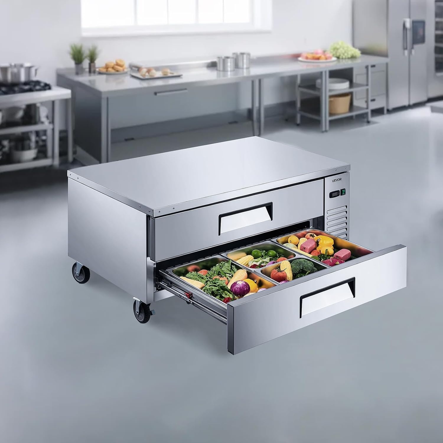 image:imageVEVOR 48W Commercial Refrigerator 125 Cu Ft Sandwich Prep Refrigerated Table Mega Top Food Prep Fridge with 18 Pans and Cutting Board Stainless Steel Salad Prep Cooler for Restaurant Food Truck52 W Chief Base With 2 Drawers