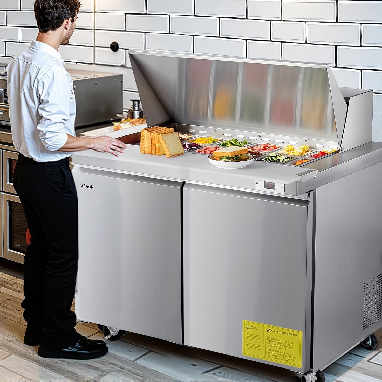 image:imageVEVOR 48W Commercial Refrigerator 125 Cu Ft Sandwich Prep Refrigerated Table Mega Top Food Prep Fridge with 18 Pans and Cutting Board Stainless Steel Salad Prep Cooler for Restaurant Food Truck48W with 18 Pans