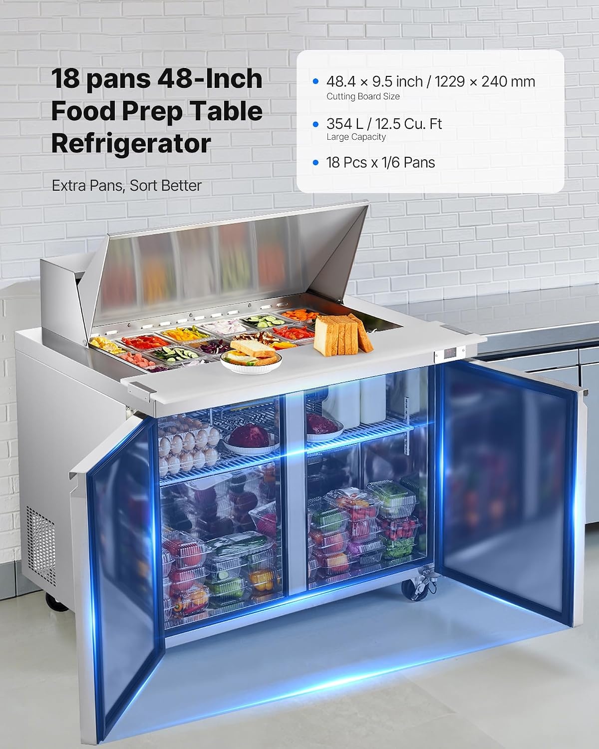 image:imageVEVOR 48W Commercial Refrigerator 125 Cu Ft Sandwich Prep Refrigerated Table Mega Top Food Prep Fridge with 18 Pans and Cutting Board Stainless Steel Salad Prep Cooler for Restaurant Food Truck48W with 18 Pans