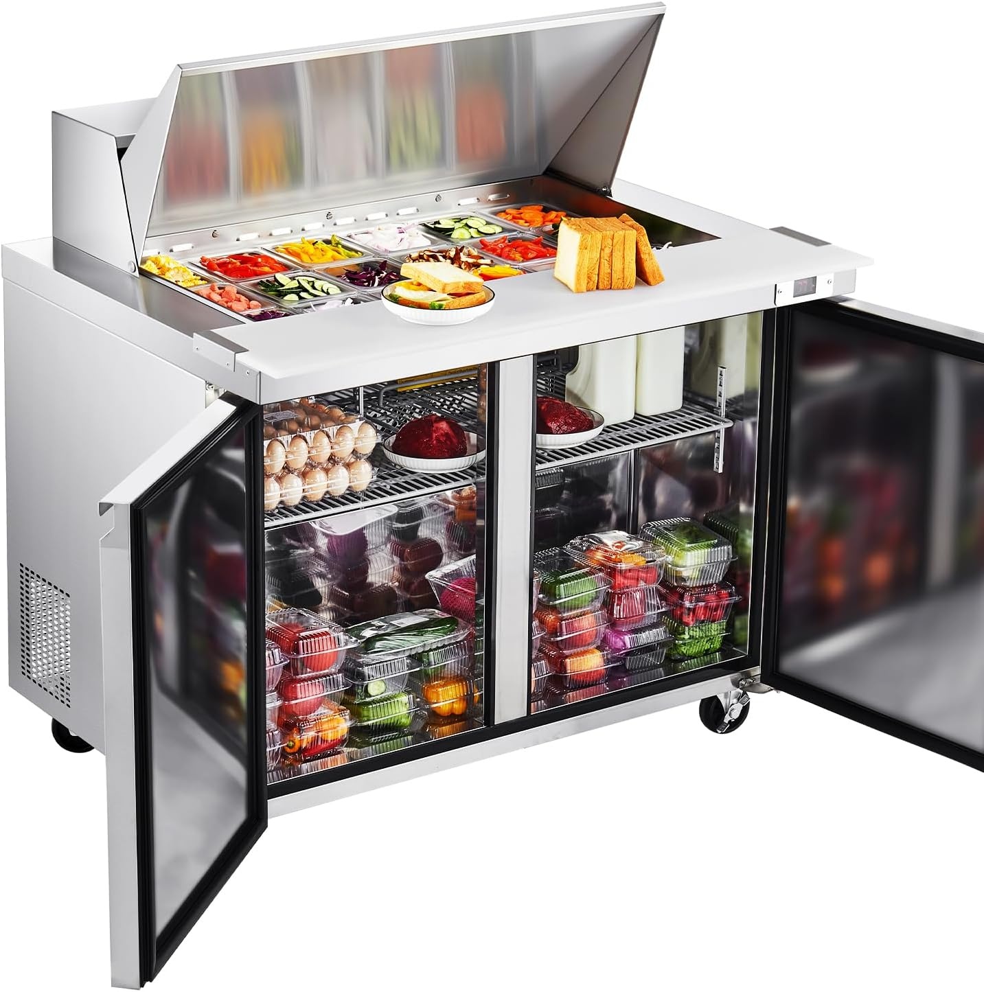 image:imageVEVOR 48W Commercial Refrigerator 125 Cu Ft Sandwich Prep Refrigerated Table Mega Top Food Prep Fridge with 18 Pans and Cutting Board Stainless Steel Salad Prep Cooler for Restaurant Food Truck48W with 18 Pans