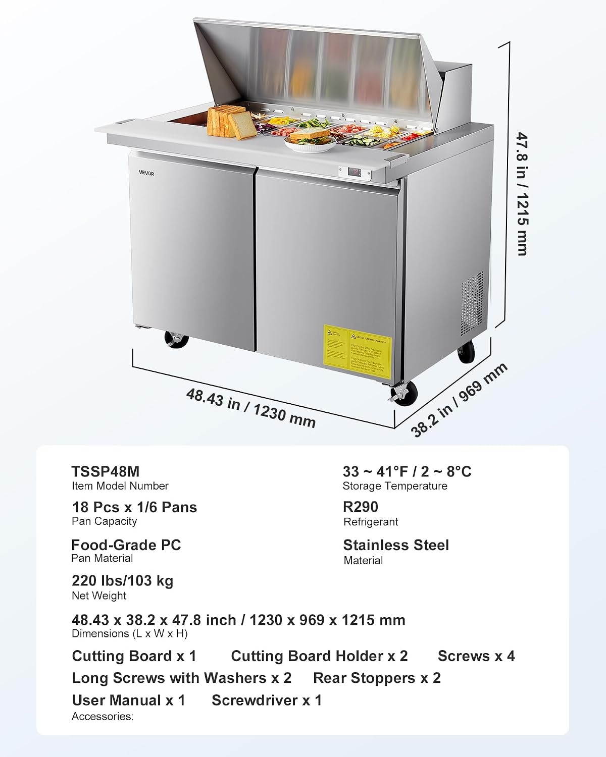 image:imageVEVOR 48W Commercial Refrigerator 125 Cu Ft Sandwich Prep Refrigerated Table Mega Top Food Prep Fridge with 18 Pans and Cutting Board Stainless Steel Salad Prep Cooler for Restaurant Food Truck48W with 18 Pans
