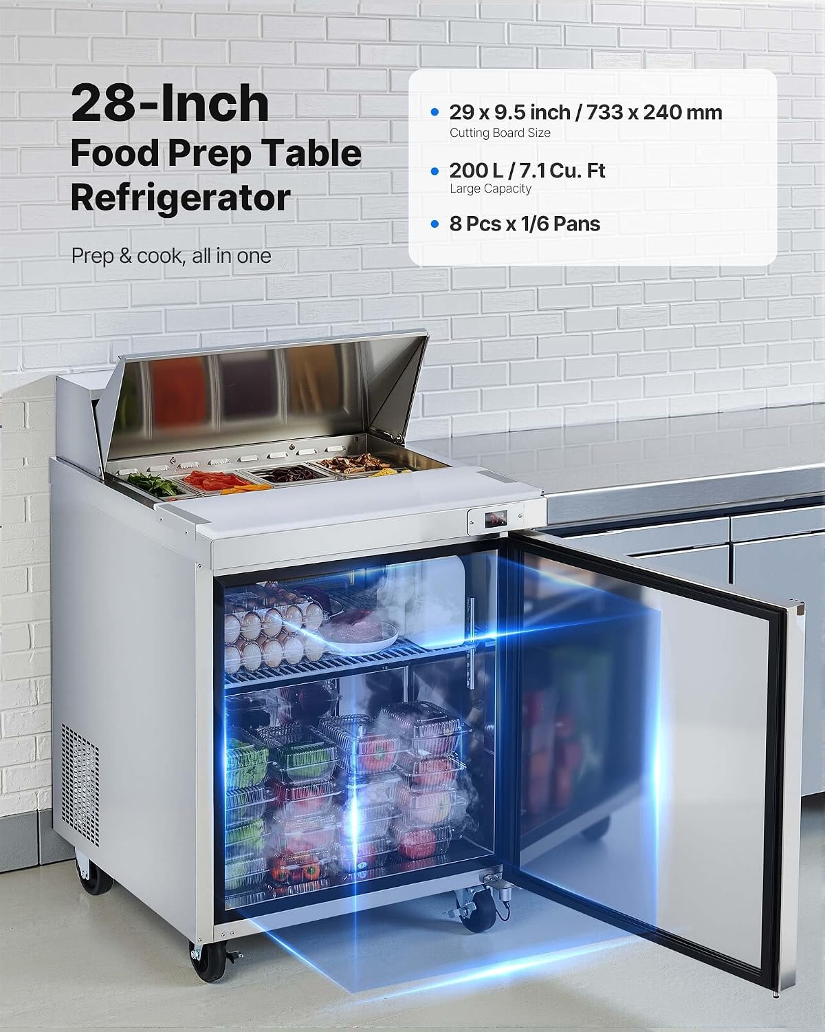 image:imageVEVOR 48W Commercial Refrigerator 125 Cu Ft Sandwich Prep Refrigerated Table Mega Top Food Prep Fridge with 18 Pans and Cutting Board Stainless Steel Salad Prep Cooler for Restaurant Food Truck28W with 8 Pans