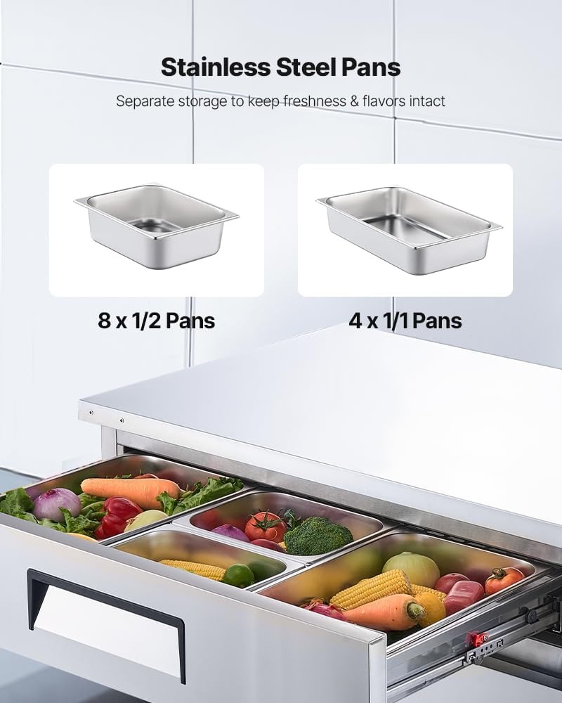 image:imageVEVOR 48W Commercial Refrigerator 125 Cu Ft Sandwich Prep Refrigerated Table Mega Top Food Prep Fridge with 18 Pans and Cutting Board Stainless Steel Salad Prep Cooler for Restaurant Food Truck52 W Chief Base With 2 Drawers