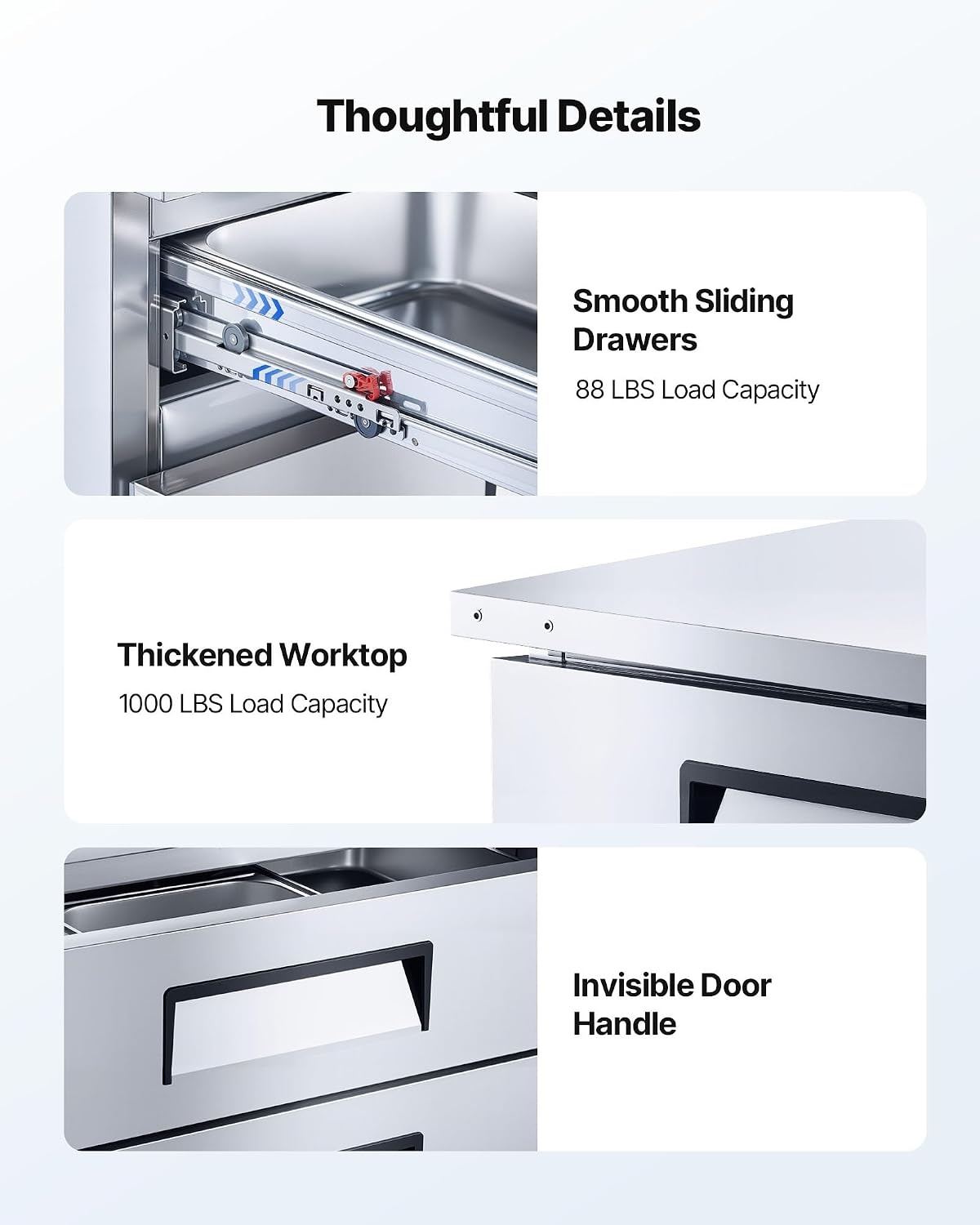 image:imageVEVOR 60 W Commercial Refrigerator 154 Cu Ft Sandwich Prep Refrigerated Table Mega Top Food Prep Fridge with 16 Pans Cutting Board Stainless Steel Salad Prep Cooler for Restaurant Food Truck72 W Chief Base With 4 Drawers Refrigerator