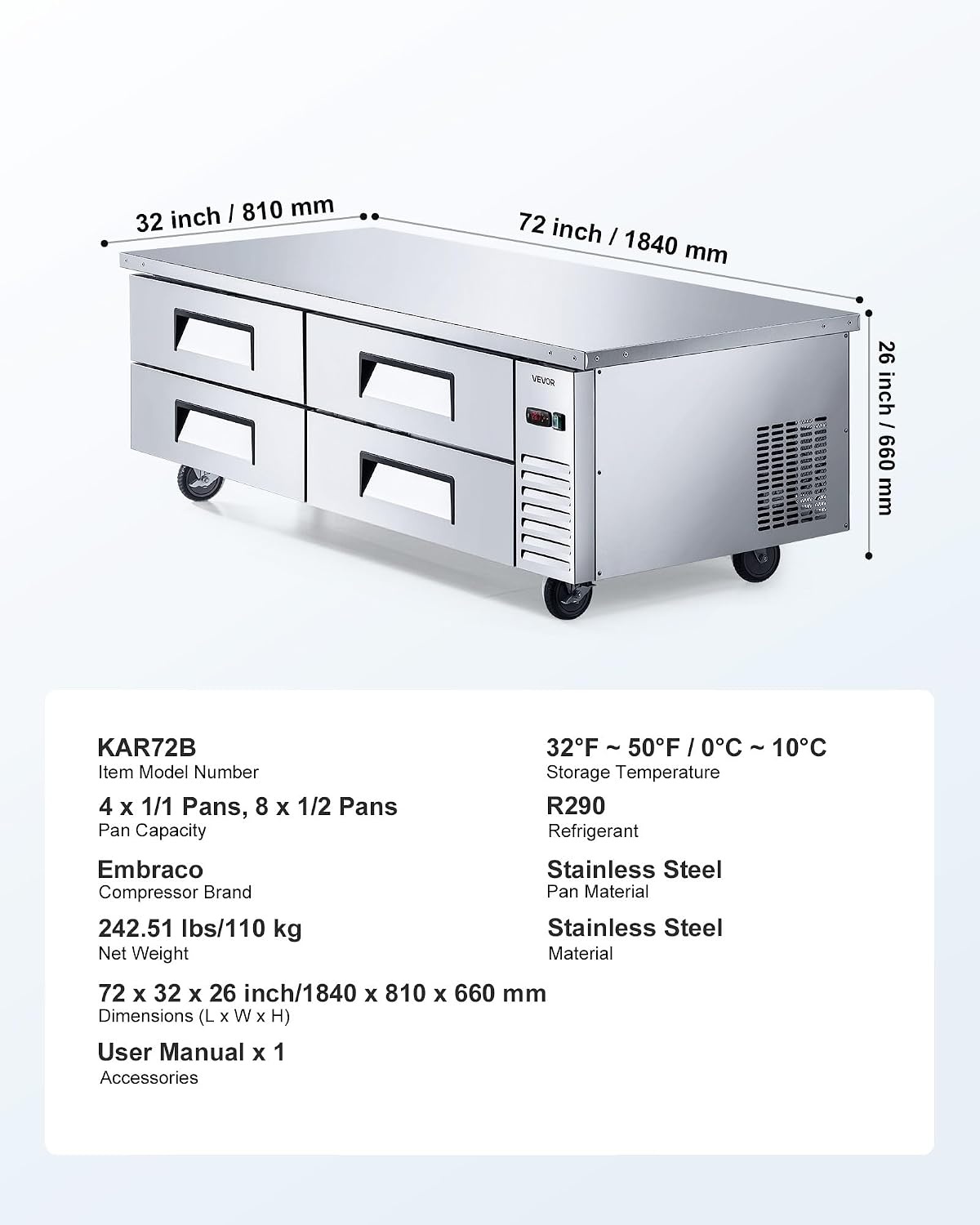 image:imageVEVOR 60 W Commercial Refrigerator 154 Cu Ft Sandwich Prep Refrigerated Table Mega Top Food Prep Fridge with 16 Pans Cutting Board Stainless Steel Salad Prep Cooler for Restaurant Food Truck72 W Chief Base With 4 Drawers Refrigerator