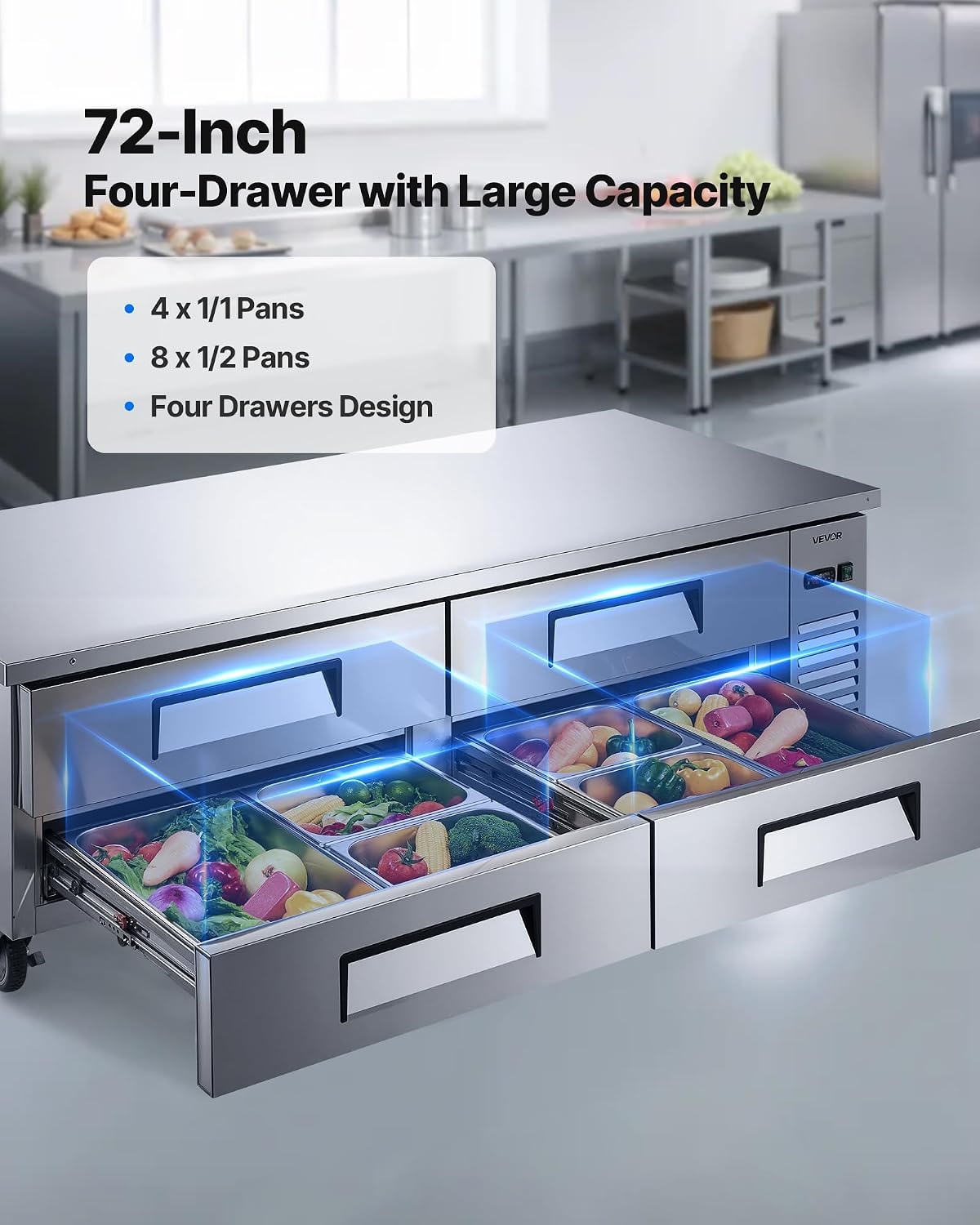 image:imageVEVOR 60 W Commercial Refrigerator 154 Cu Ft Sandwich Prep Refrigerated Table Mega Top Food Prep Fridge with 16 Pans Cutting Board Stainless Steel Salad Prep Cooler for Restaurant Food Truck72 W Chief Base With 4 Drawers Refrigerator