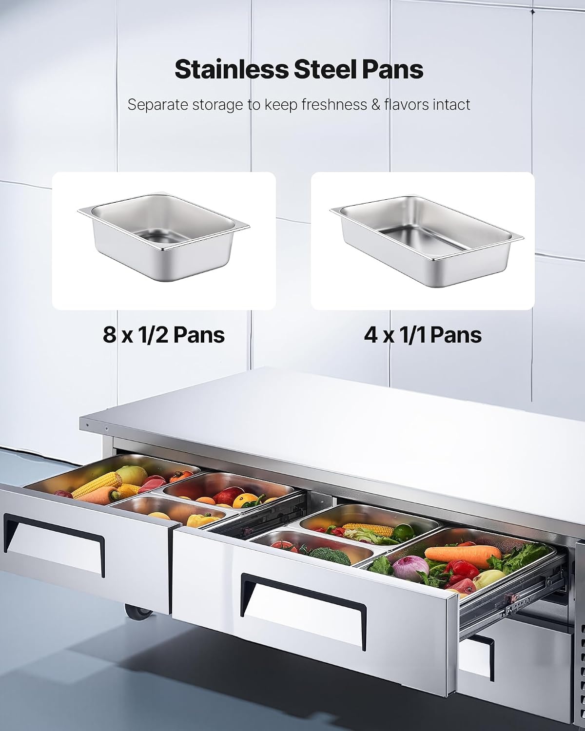 image:imageVEVOR 60 W Commercial Refrigerator 154 Cu Ft Sandwich Prep Refrigerated Table Mega Top Food Prep Fridge with 16 Pans Cutting Board Stainless Steel Salad Prep Cooler for Restaurant Food Truck72 W Chief Base With 4 Drawers Refrigerator