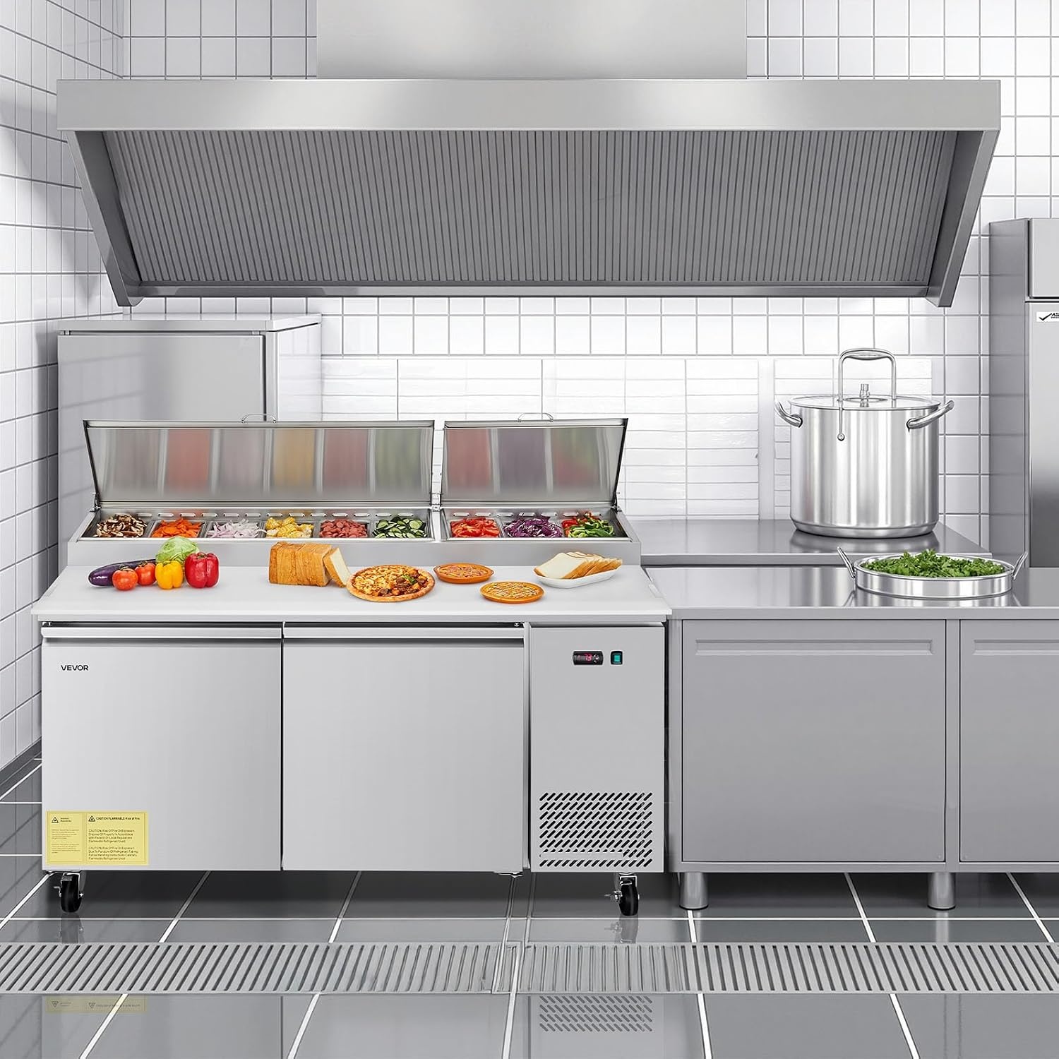 image:imageVEVOR 60 W Commercial Refrigerator 154 Cu Ft Sandwich Prep Refrigerated Table Mega Top Food Prep Fridge with 16 Pans Cutting Board Stainless Steel Salad Prep Cooler for Restaurant Food Truck67W Pizza Prep Refrigerator
