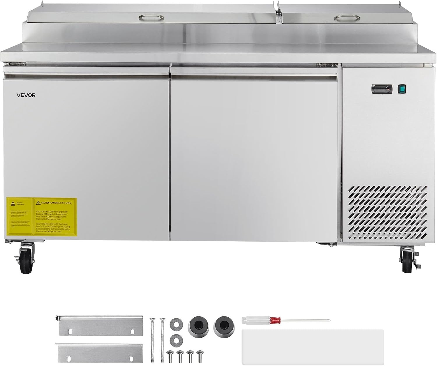 image:imageVEVOR 60 W Commercial Refrigerator 154 Cu Ft Sandwich Prep Refrigerated Table Mega Top Food Prep Fridge with 16 Pans Cutting Board Stainless Steel Salad Prep Cooler for Restaurant Food Truck67W Pizza Prep Refrigerator