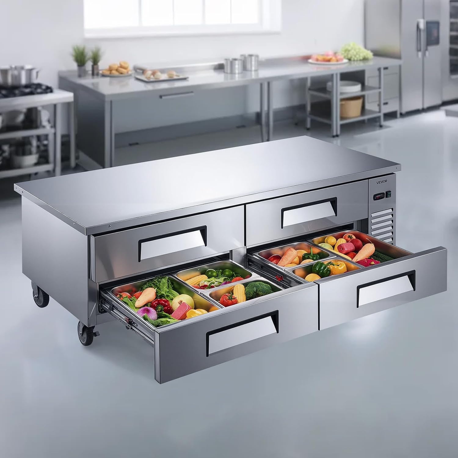 image:imageVEVOR 60 W Commercial Refrigerator 154 Cu Ft Sandwich Prep Refrigerated Table Mega Top Food Prep Fridge with 16 Pans Cutting Board Stainless Steel Salad Prep Cooler for Restaurant Food Truck72 W Chief Base With 4 Drawers Refrigerator
