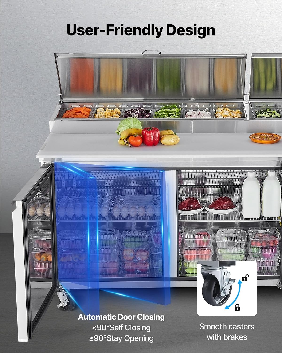 image:imageVEVOR 60 W Commercial Refrigerator 154 Cu Ft Sandwich Prep Refrigerated Table Mega Top Food Prep Fridge with 16 Pans Cutting Board Stainless Steel Salad Prep Cooler for Restaurant Food Truck67W Pizza Prep Refrigerator