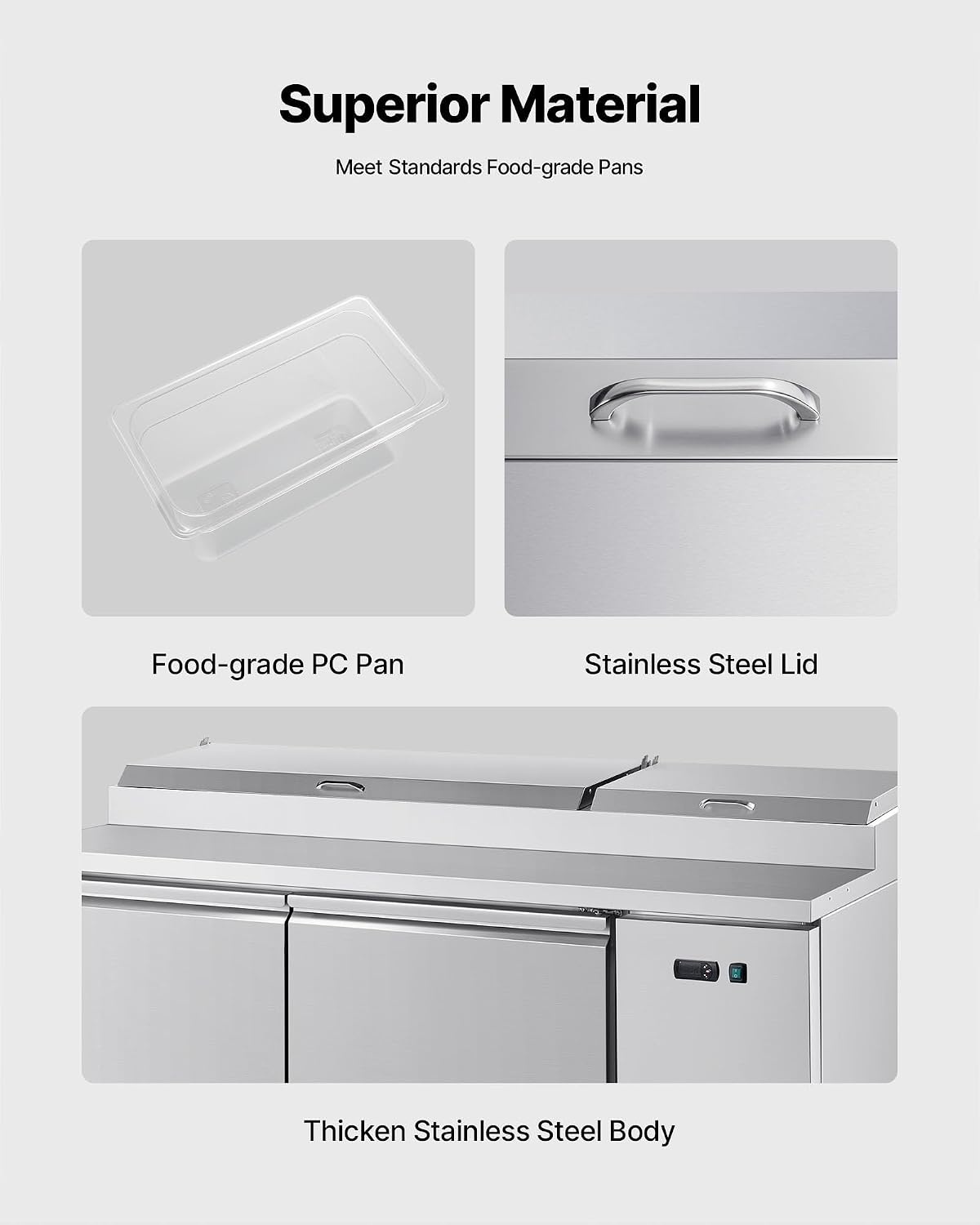image:imageVEVOR 60 W Commercial Refrigerator 154 Cu Ft Sandwich Prep Refrigerated Table Mega Top Food Prep Fridge with 16 Pans Cutting Board Stainless Steel Salad Prep Cooler for Restaurant Food Truck67W Pizza Prep Refrigerator