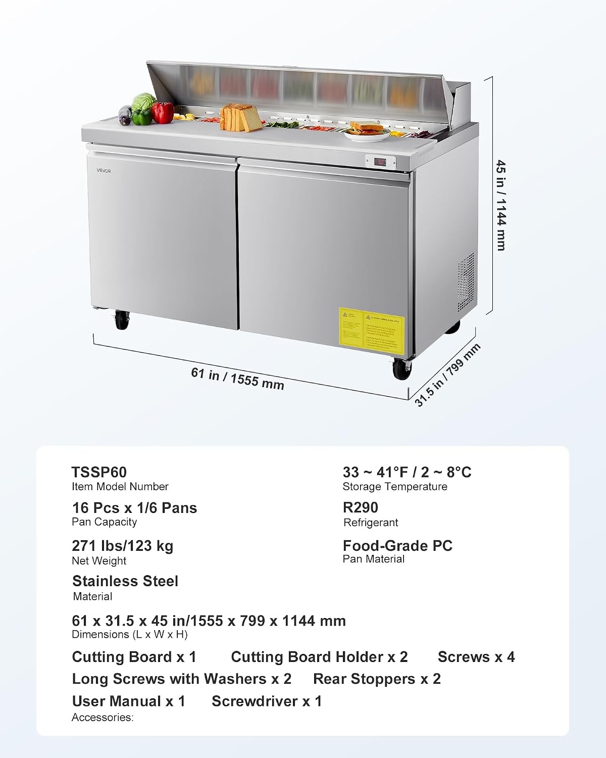 image:imageVEVOR 60 W Commercial Refrigerator 154 Cu Ft Sandwich Prep Refrigerated Table Mega Top Food Prep Fridge with 16 Pans Cutting Board Stainless Steel Salad Prep Cooler for Restaurant Food Truck60W with 16 Pans