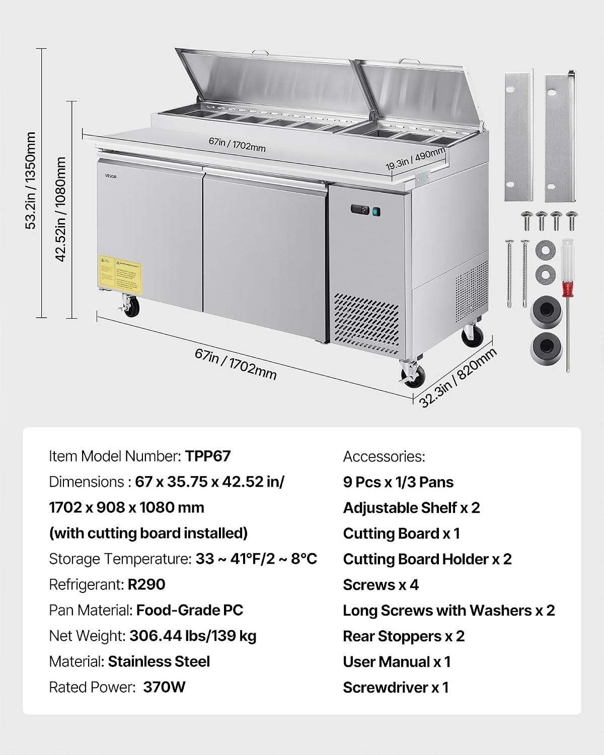 image:imageVEVOR 60 W Commercial Refrigerator 154 Cu Ft Sandwich Prep Refrigerated Table Mega Top Food Prep Fridge with 16 Pans Cutting Board Stainless Steel Salad Prep Cooler for Restaurant Food Truck67W Pizza Prep Refrigerator