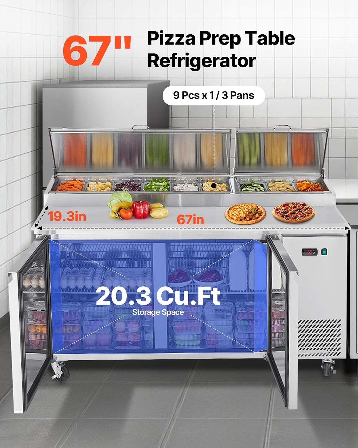 image:imageVEVOR 60 W Commercial Refrigerator 154 Cu Ft Sandwich Prep Refrigerated Table Mega Top Food Prep Fridge with 16 Pans Cutting Board Stainless Steel Salad Prep Cooler for Restaurant Food Truck67W Pizza Prep Refrigerator