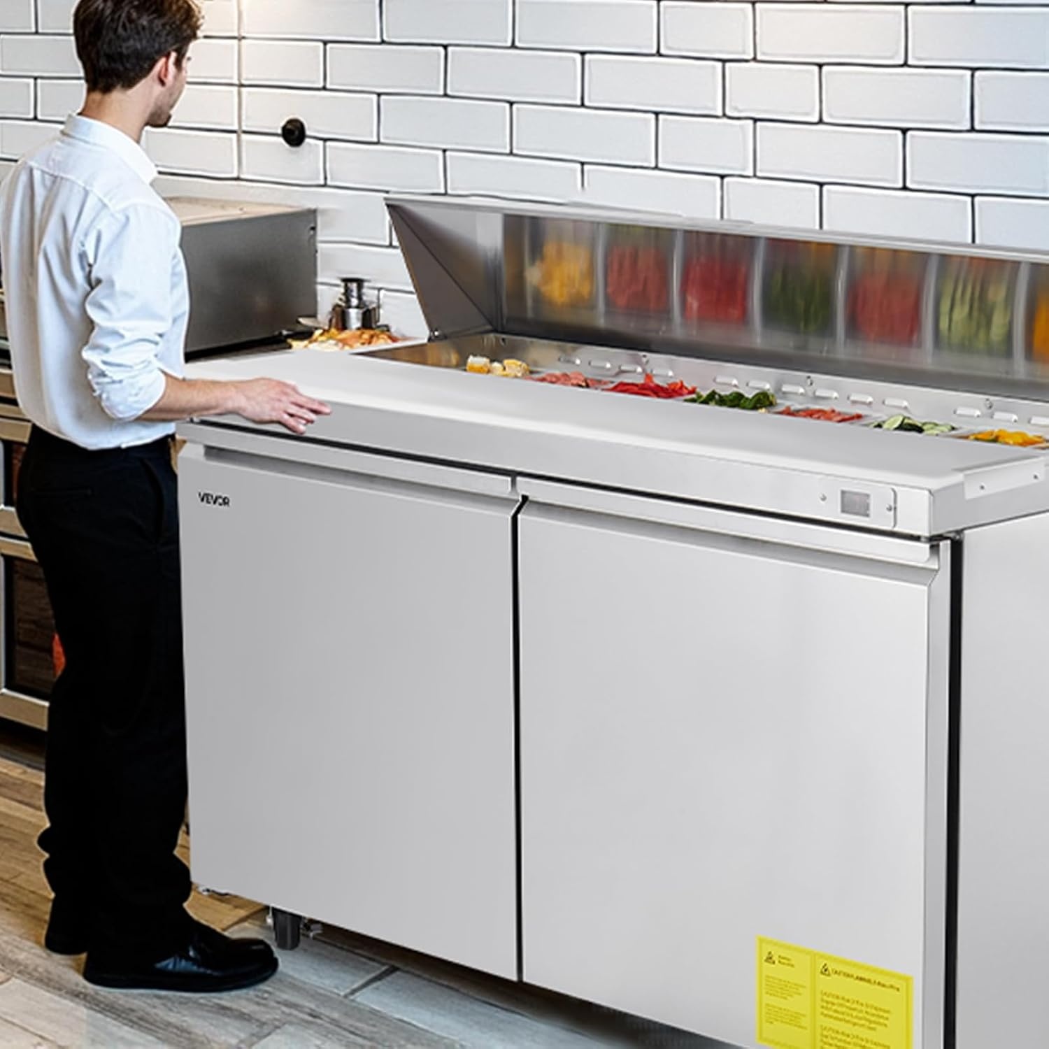 image:imageVEVOR 60 W Commercial Refrigerator 154 Cu Ft Sandwich Prep Refrigerated Table Mega Top Food Prep Fridge with 16 Pans Cutting Board Stainless Steel Salad Prep Cooler for Restaurant Food Truck60W with 16 Pans