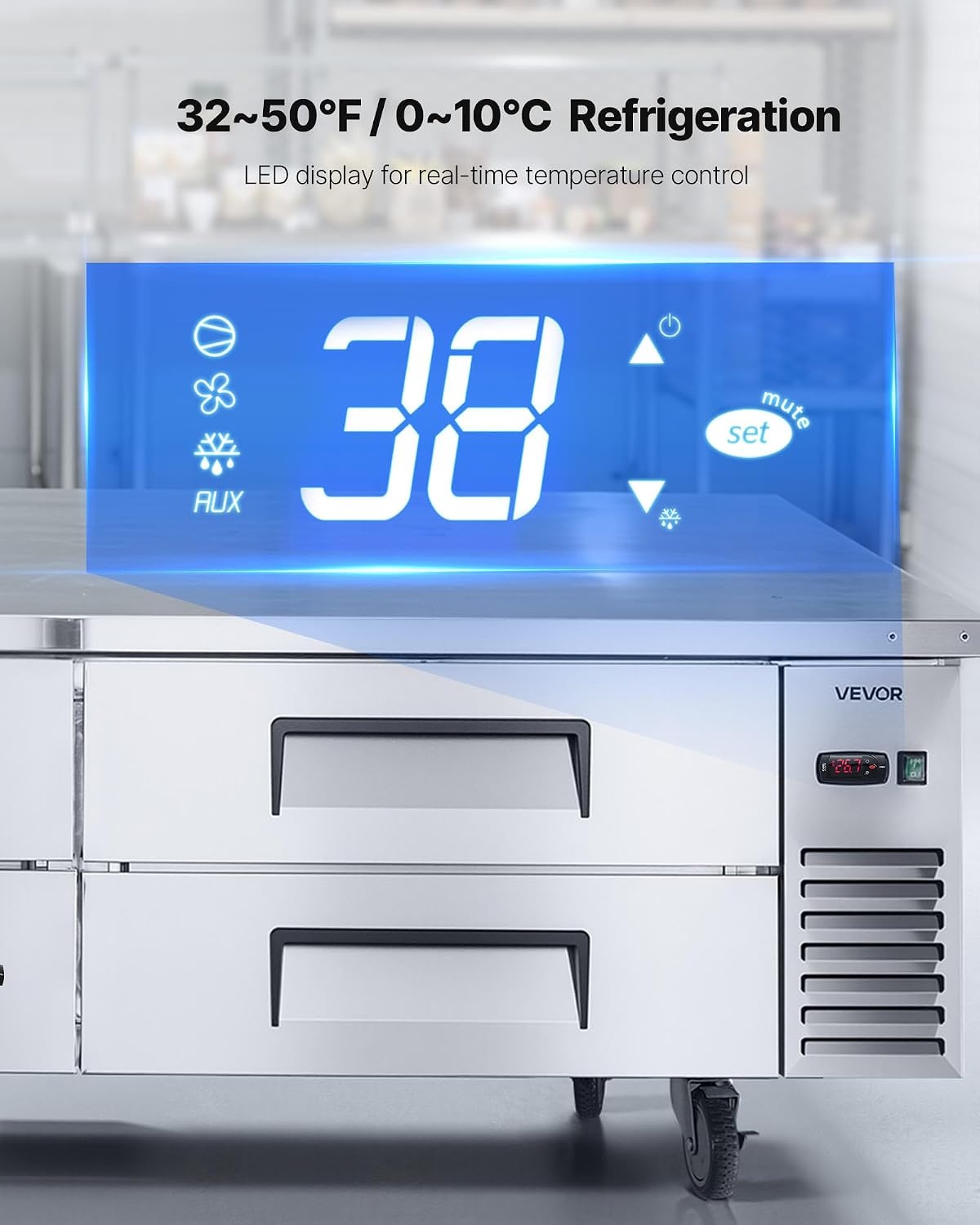 image:imageVEVOR 60 W Commercial Refrigerator 154 Cu Ft Sandwich Prep Refrigerated Table Mega Top Food Prep Fridge with 16 Pans Cutting Board Stainless Steel Salad Prep Cooler for Restaurant Food Truck72 W Chief Base With 4 Drawers Refrigerator