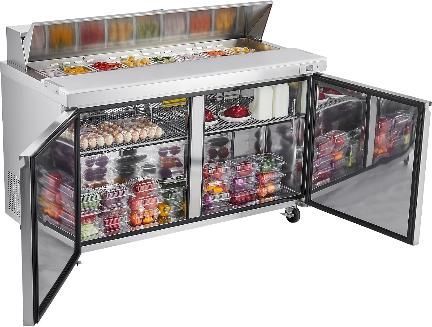image:imageVEVOR 60 W Commercial Refrigerator 154 Cu Ft Sandwich Prep Refrigerated Table Mega Top Food Prep Fridge with 16 Pans Cutting Board Stainless Steel Salad Prep Cooler for Restaurant Food Truck60W with 16 Pans