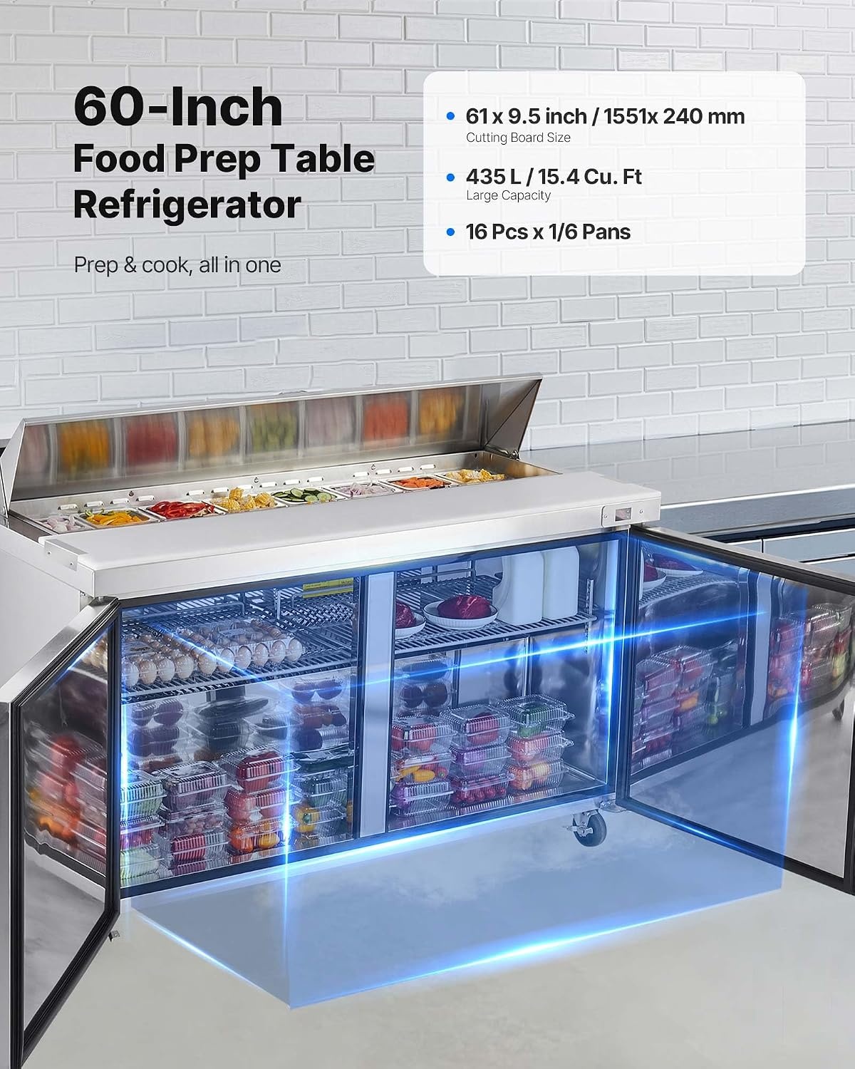 image:imageVEVOR 60 W Commercial Refrigerator 154 Cu Ft Sandwich Prep Refrigerated Table Mega Top Food Prep Fridge with 16 Pans Cutting Board Stainless Steel Salad Prep Cooler for Restaurant Food Truck60W with 16 Pans